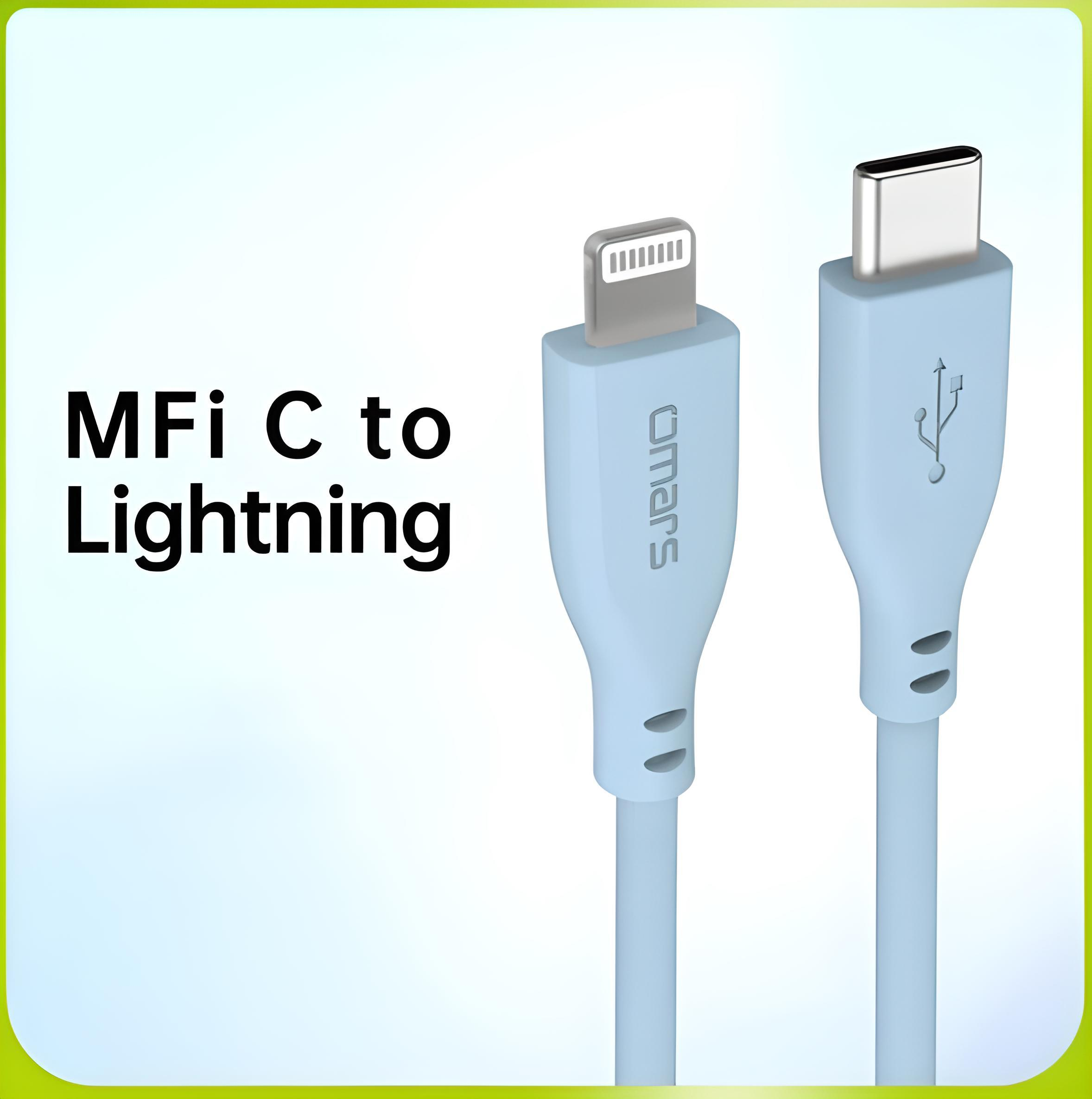 USB-C ve Lightning konektörlü iki açık mavi şarj kablosu.