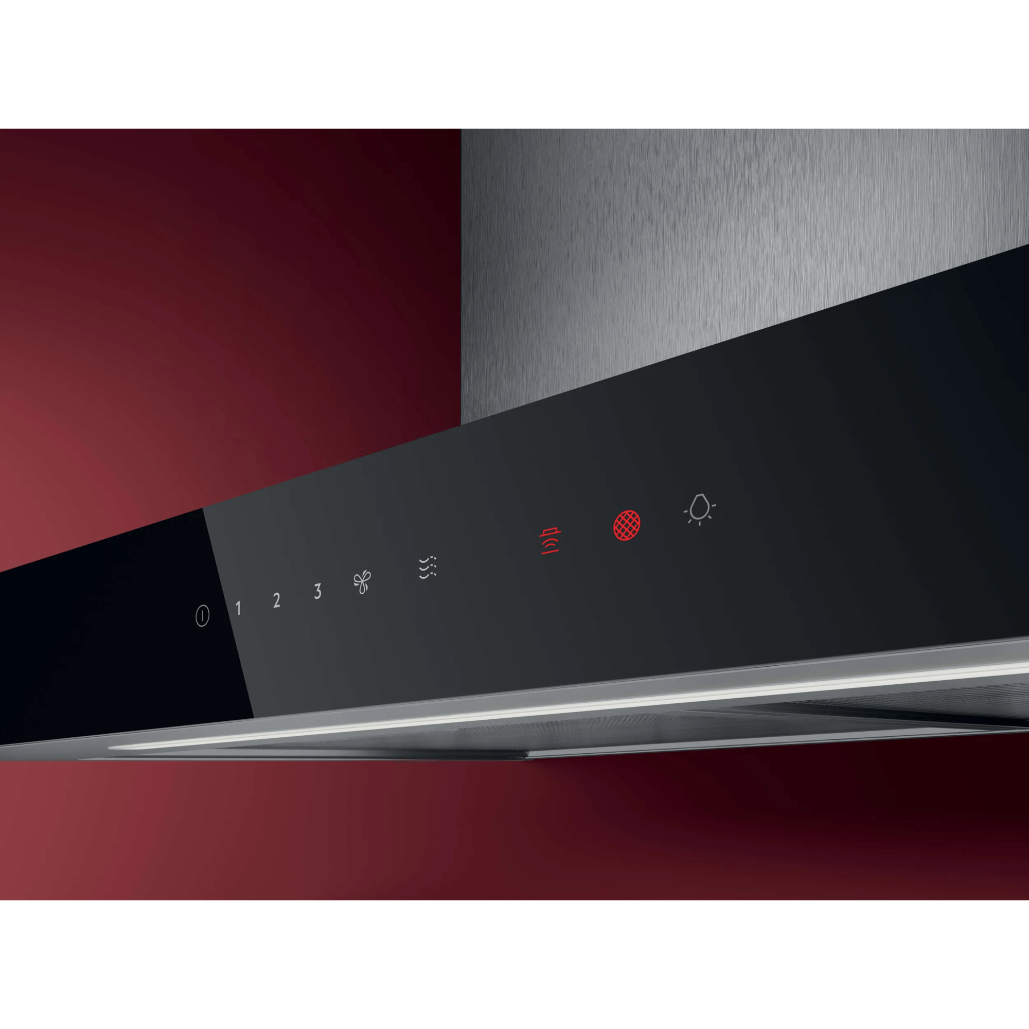 Cappa aspirante nera con controlli touch: numeri, ventola, onde, griglia e icone luminose.
