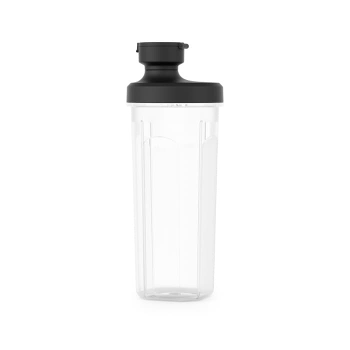 Un recipiente transparente con tapa y boquilla negras.