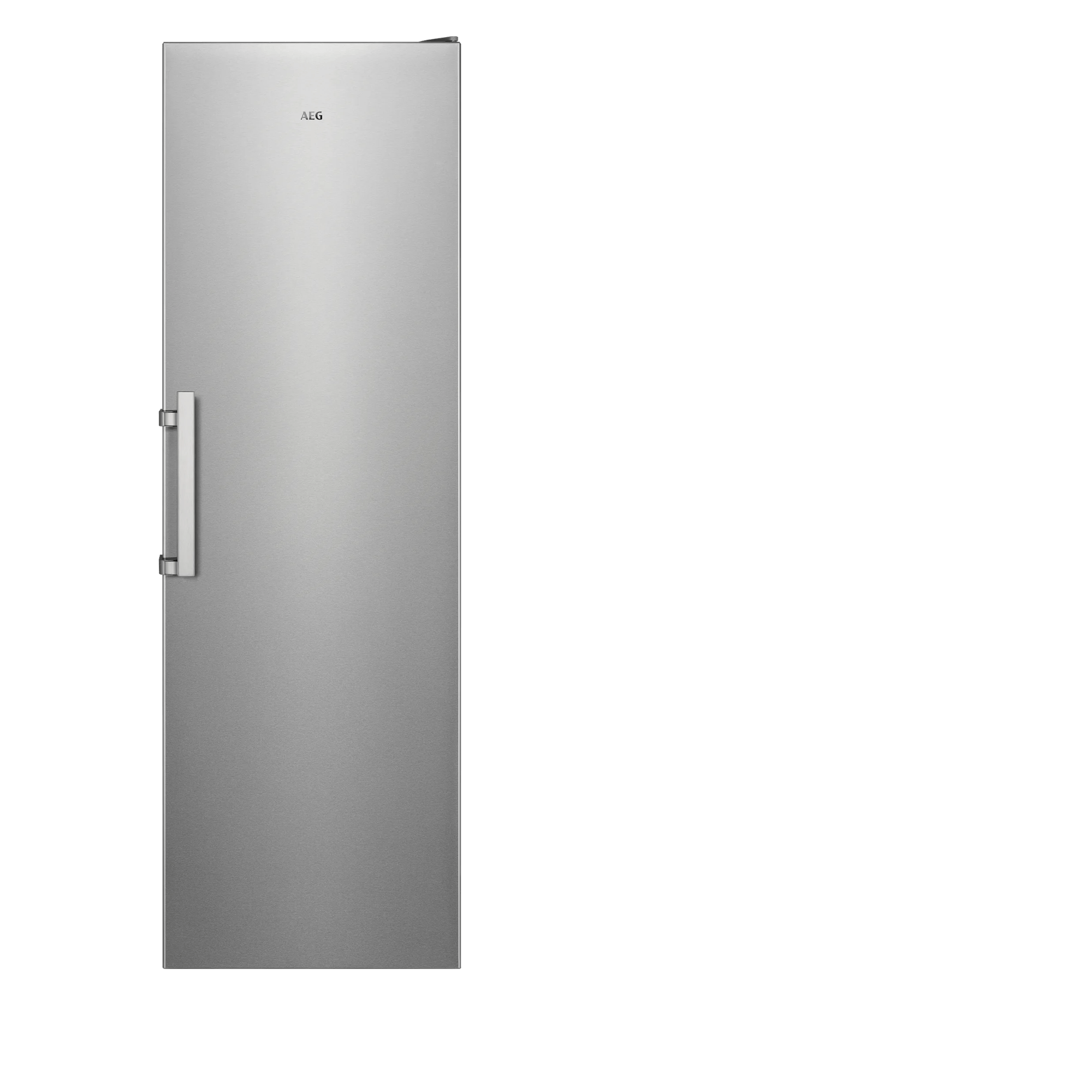 Un elegante modelo de refrigerador AEG plateado con un asa vertical.