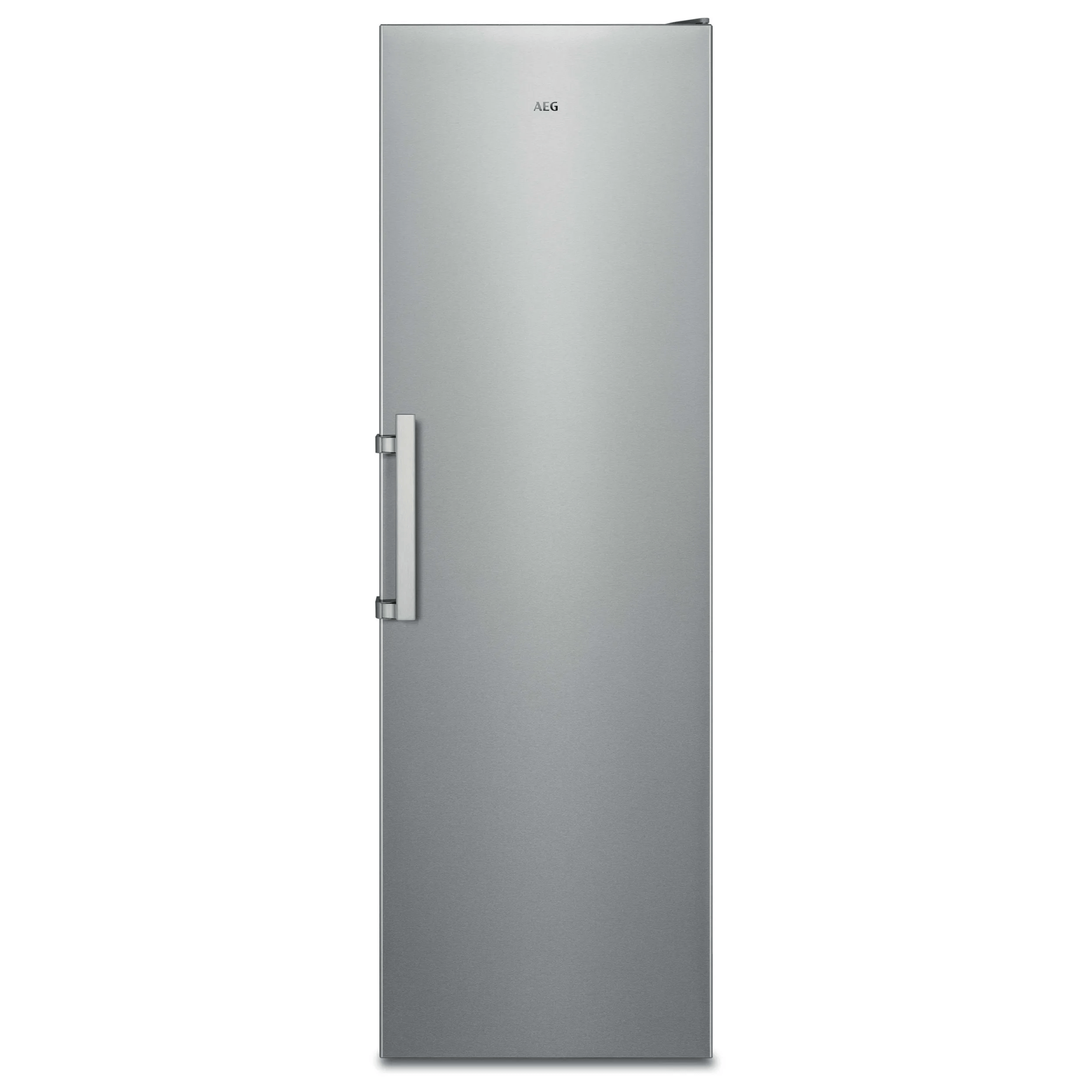 Un refrigerador alto, delgado y plateado con un asa larga en el lado izquierdo.
