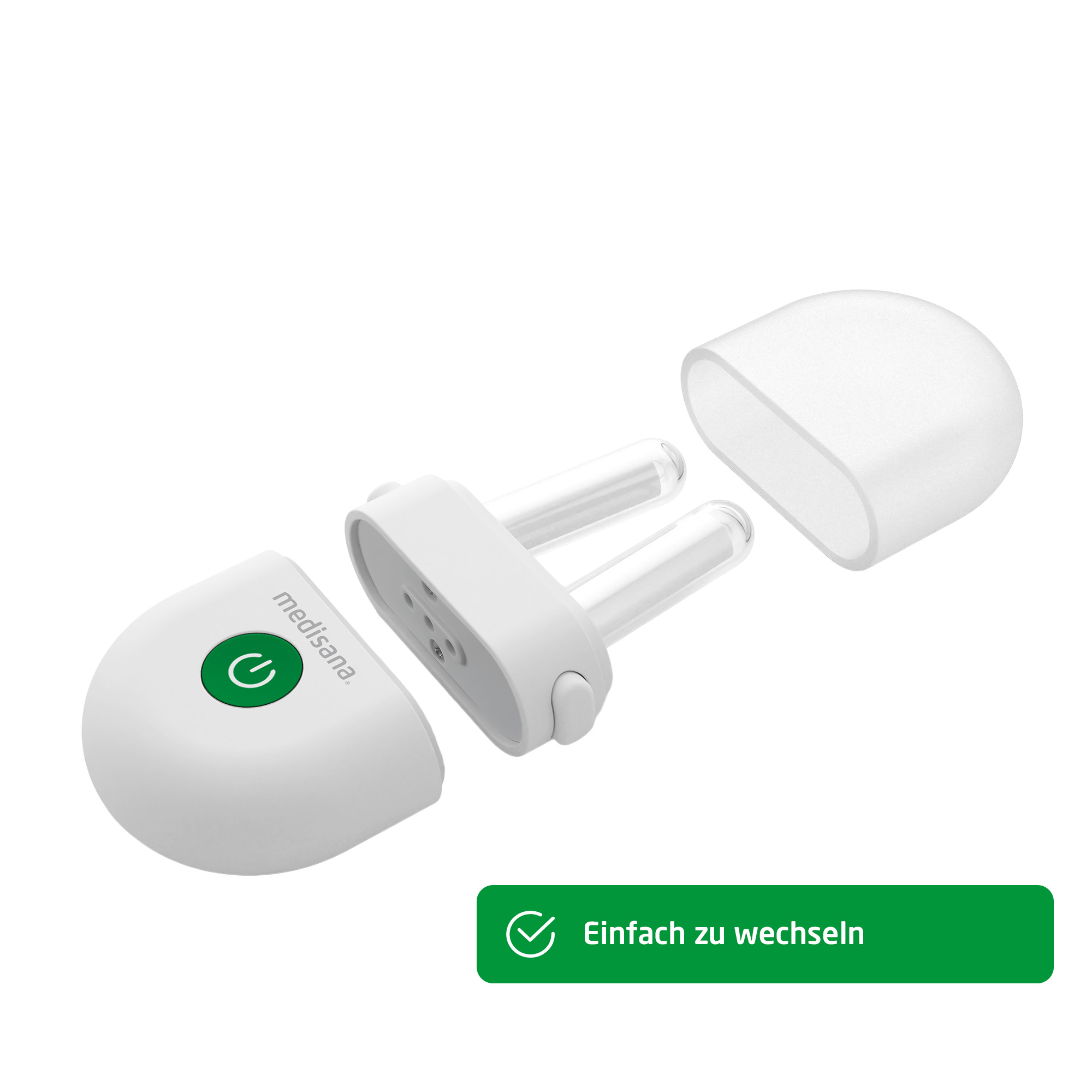 Un dispositivo Medisana blanco con botón de encendido verde y dos tubos transparentes.