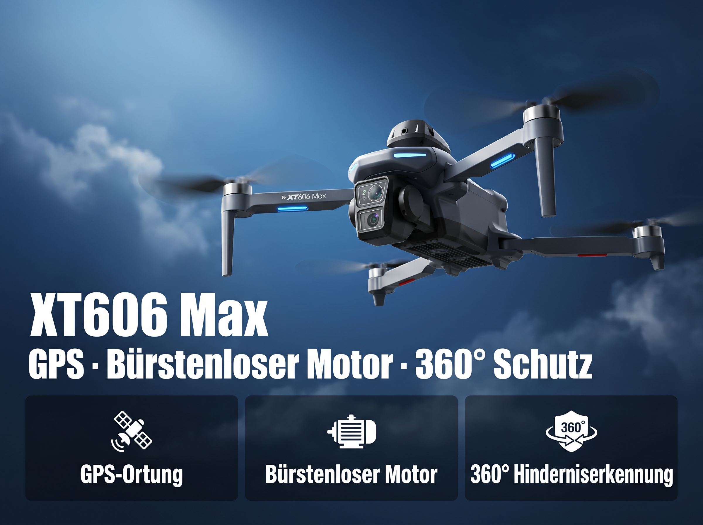 Ein grauer Quadrocopter fliegt im Himmel mit Wolken, XT606 Max.