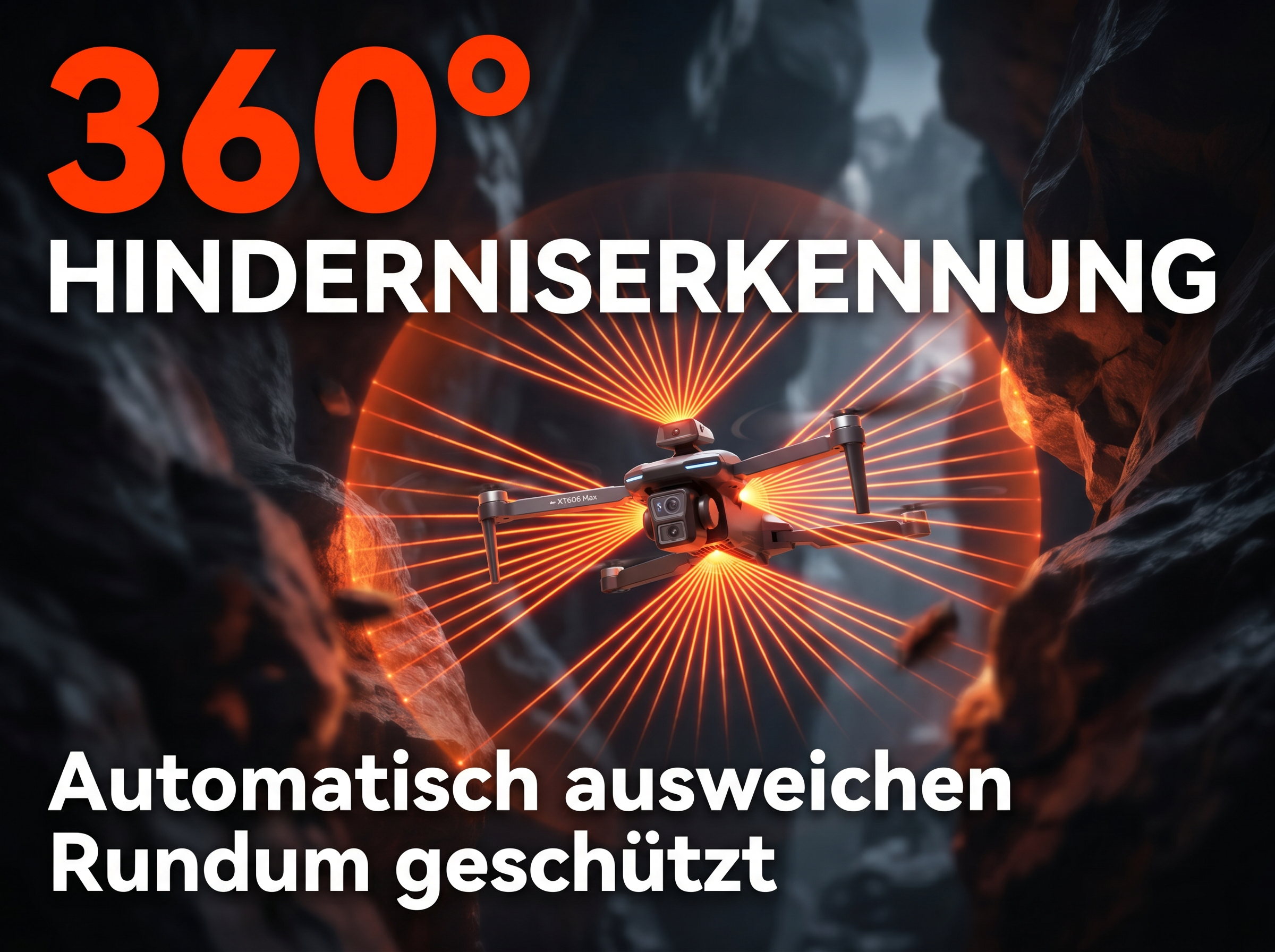 Drohne mit 360° Hinderniserkennung, umgeben von orangenen Lichtstrahlen.