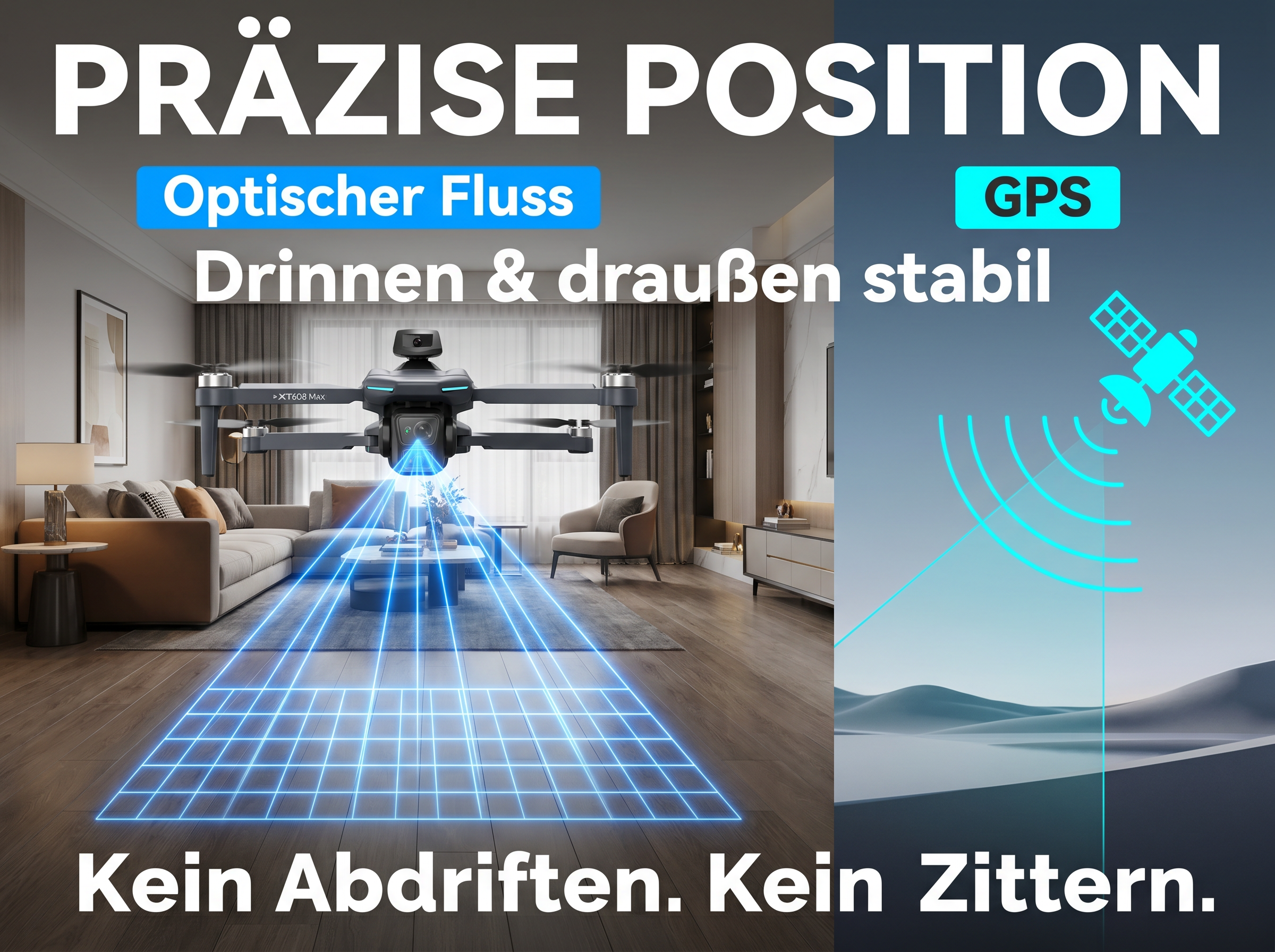 Drohne im Wohnzimmer mit blauen Linien. GPS-Symbol und Satellit oben rechts.