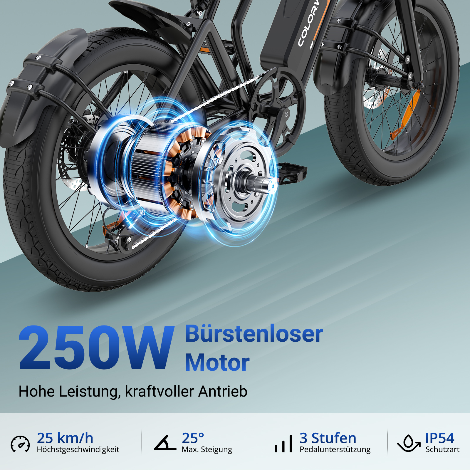 Nahaufnahme des Motors eines schwarzen E-Bikes mit blauen Energieeffekt-Ringen.