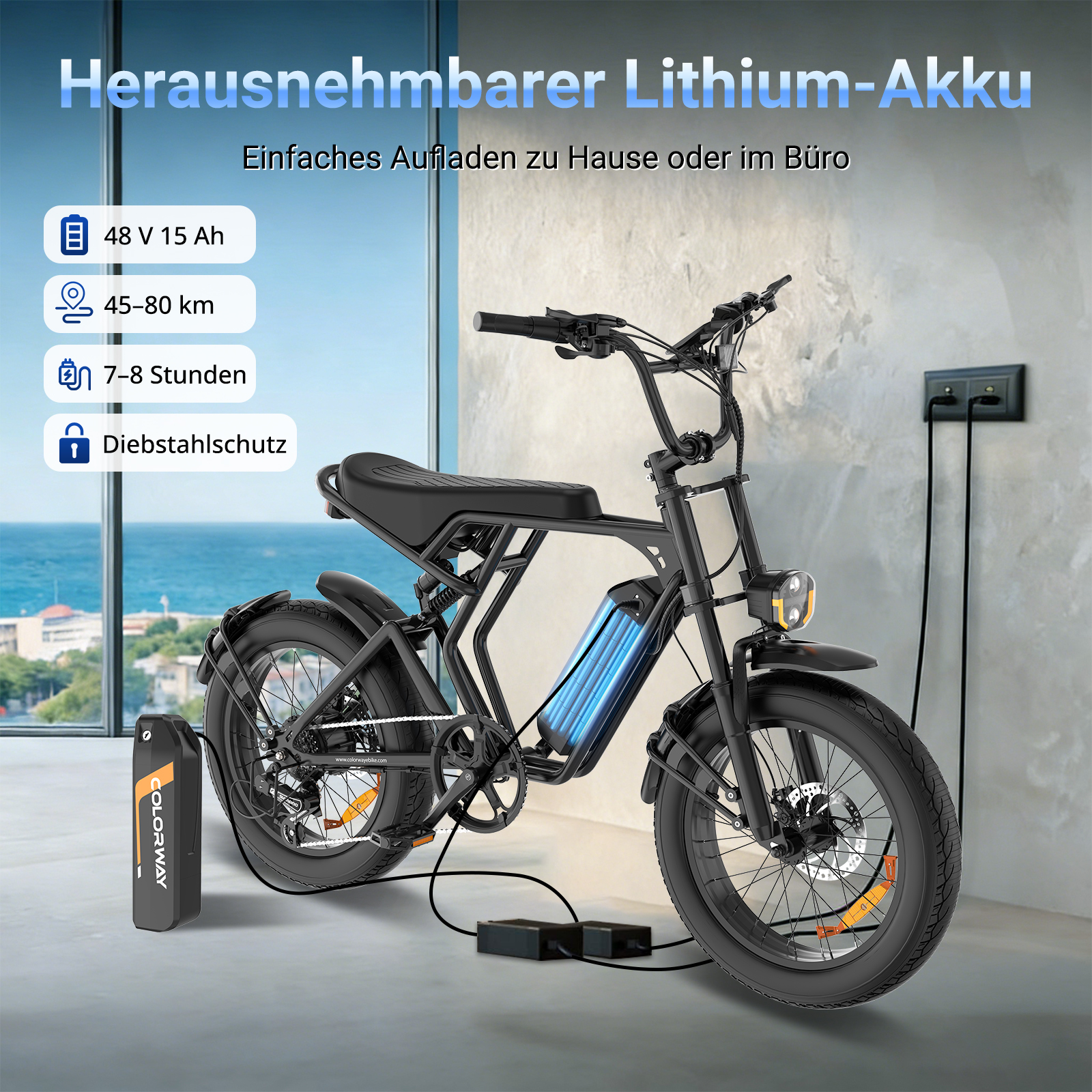 Schwarzes E-Bike mit herausnehmbarem Akku, lädt an der Steckdose.