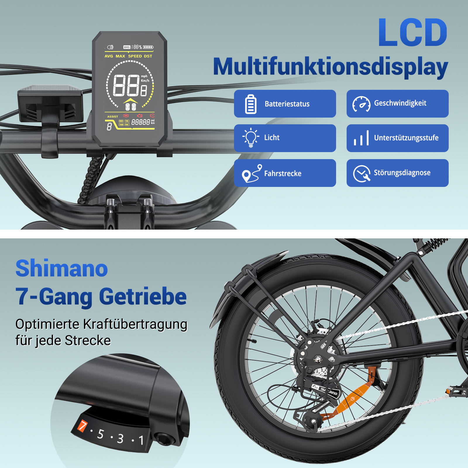 E-Bike mit LCD-Display und Shimano 7-Gang-Schaltung. Zeigt Geschwindigkeit, Akku, Licht, Stufe.