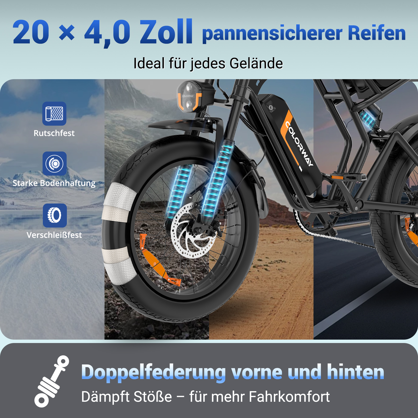 E-Bike mit 20x4 Zoll pannensicheren Reifen, ideal für jedes Gelände.