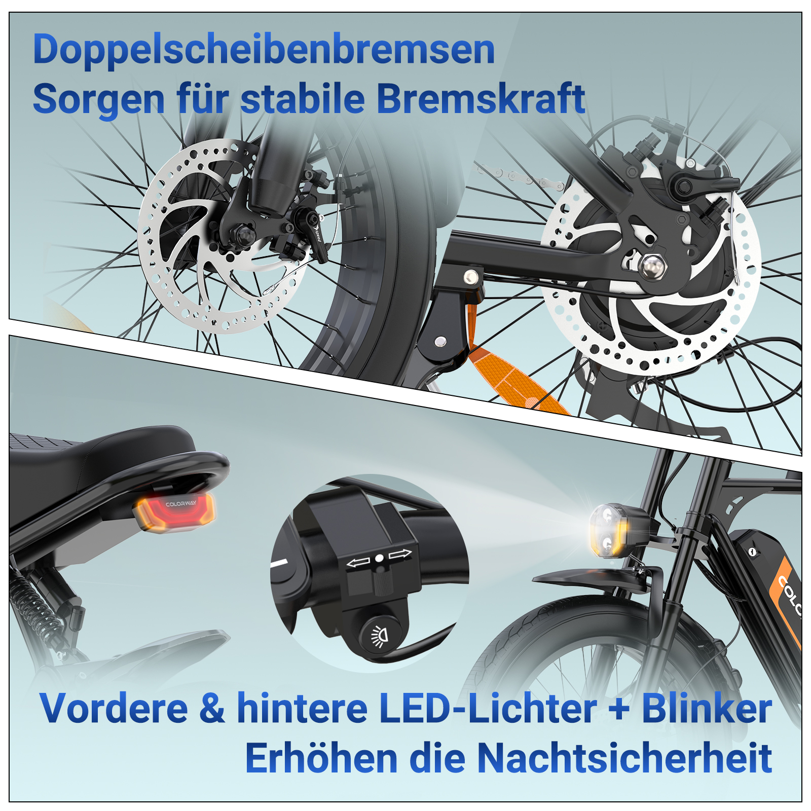 Elektrofahrrad mit Doppelscheibenbremsen vorne und hinten, sowie LED-Lichtern.