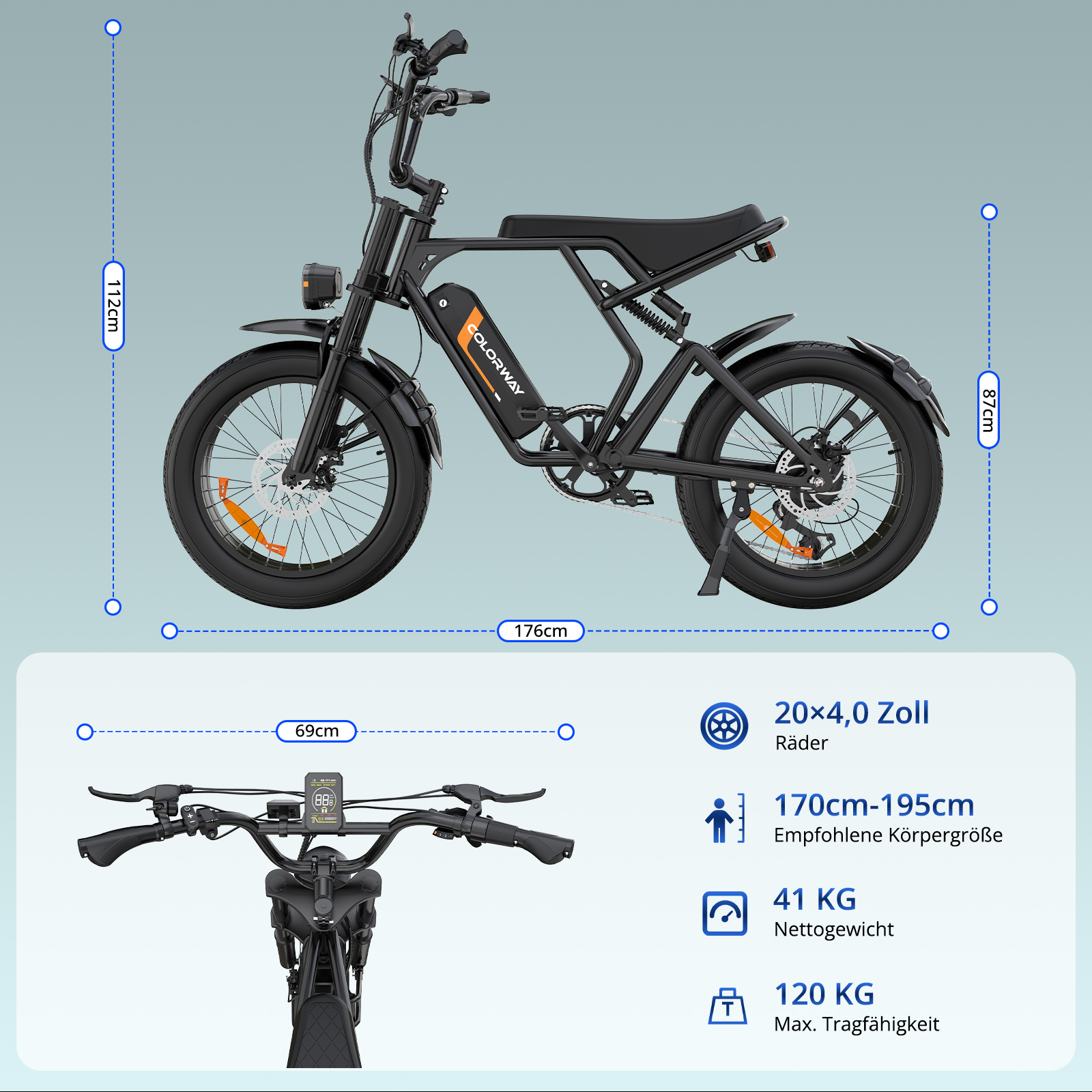Schwarzes E-Bike mit breiten Reifen, Maßen und Spezifikationen.