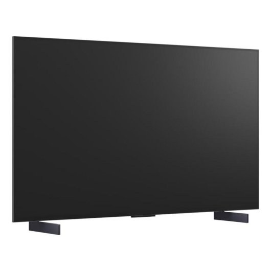 Un televisor de pantalla plana negro con dos soportes estrechos y oscuros.