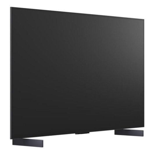 Un televisor negro de pantalla plana sobre un soporte oscuro sobre fondo blanco.