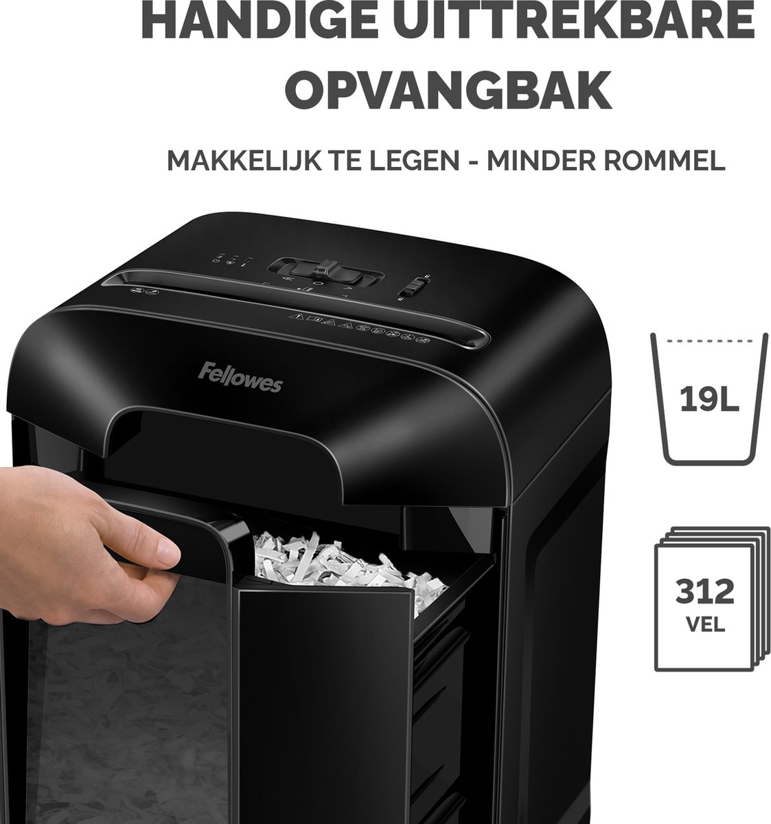 Trituradora de papel Fellowes negra con papelera extraíble. Capacidad 19L.