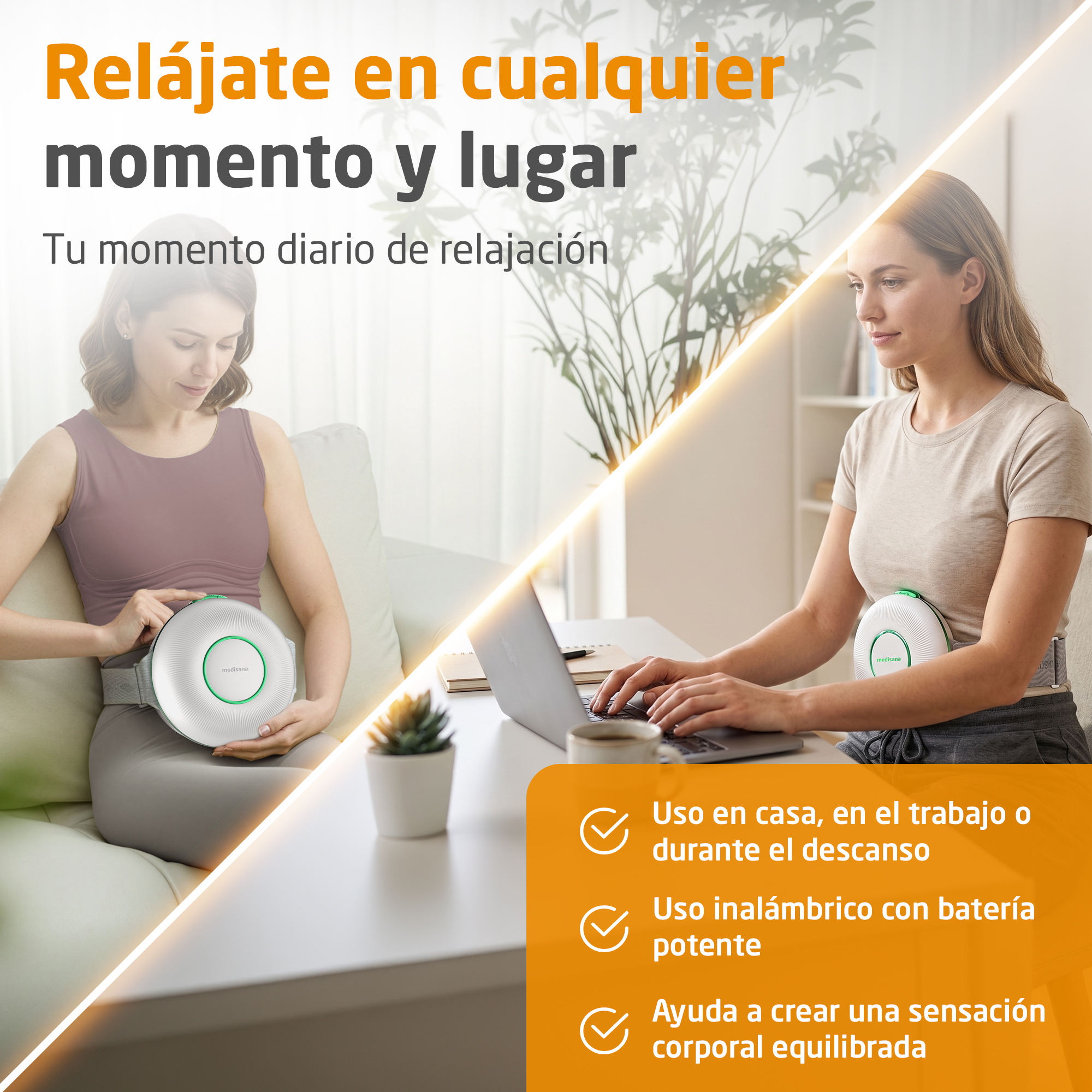 Mujeres usando dispositivos de masaje abdominal en casa y en el trabajo.