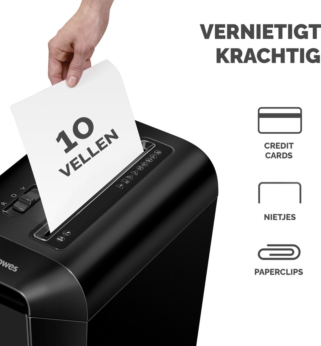 Hand feeds paper sheet with '10 VELLEN' into black paper shredder.