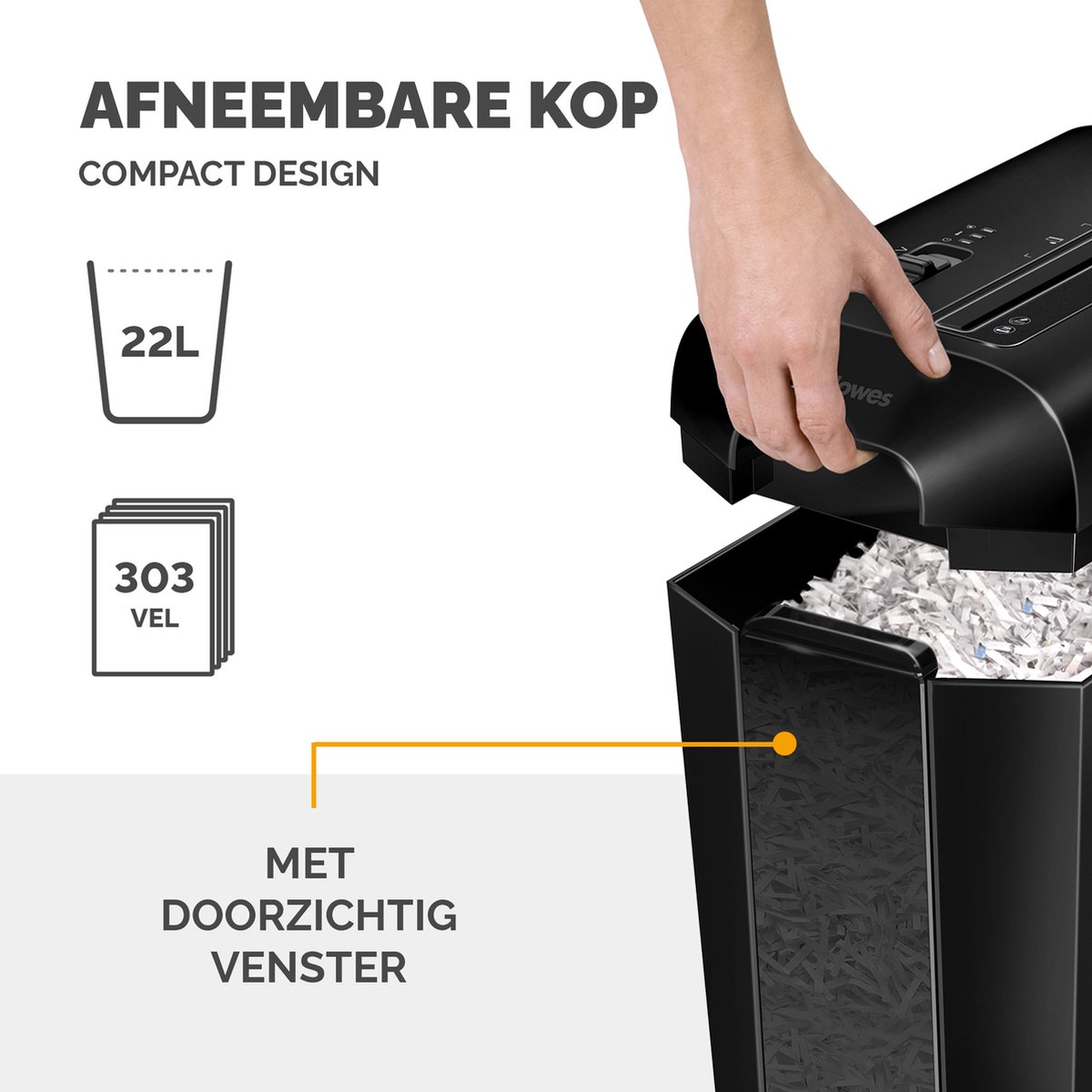 A black paper shredder with a removable top and 22L capacity.