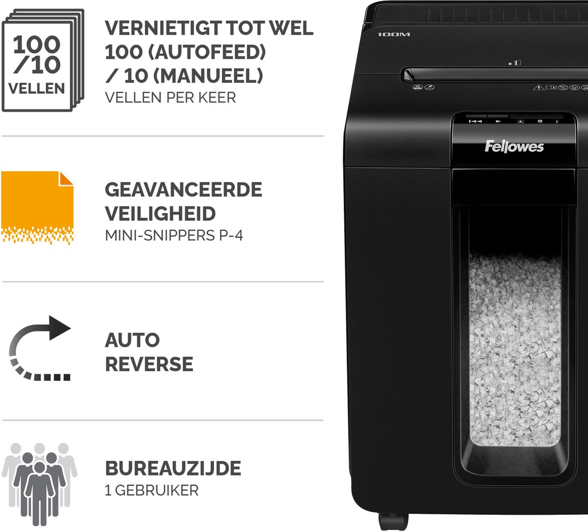 Una trituradora Fellowes negra con iconos de capacidad, seguridad y auto-reverse.