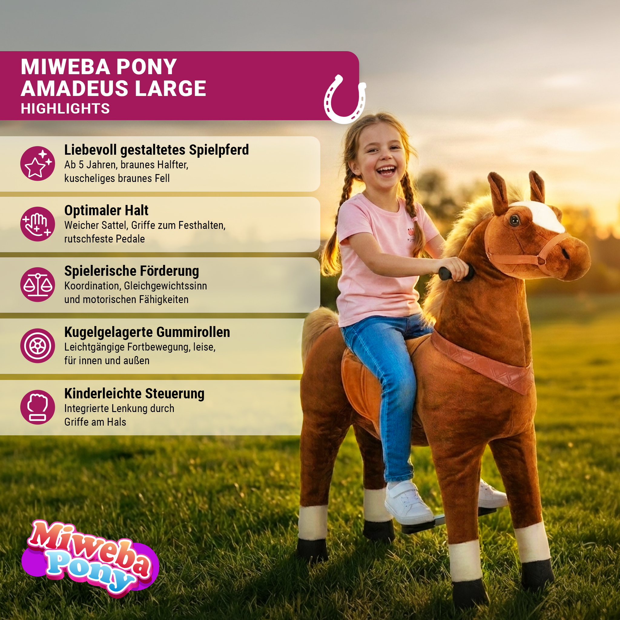 Ein Mädchen reitet auf einem braunen Spielzeugpony im Freien.
