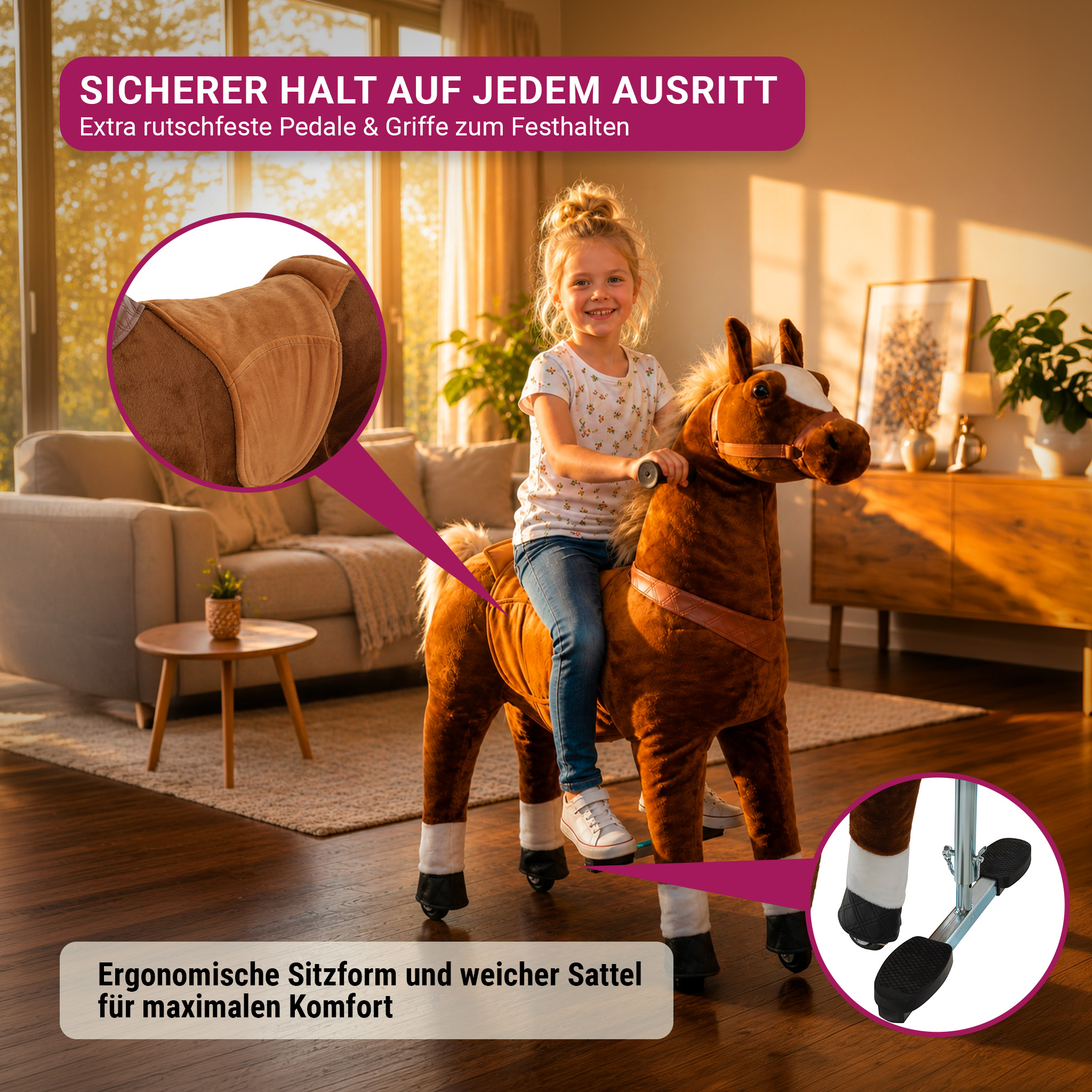 Ein Mädchen reitet auf einem braunen Plüschpferd in einem Wohnzimmer.