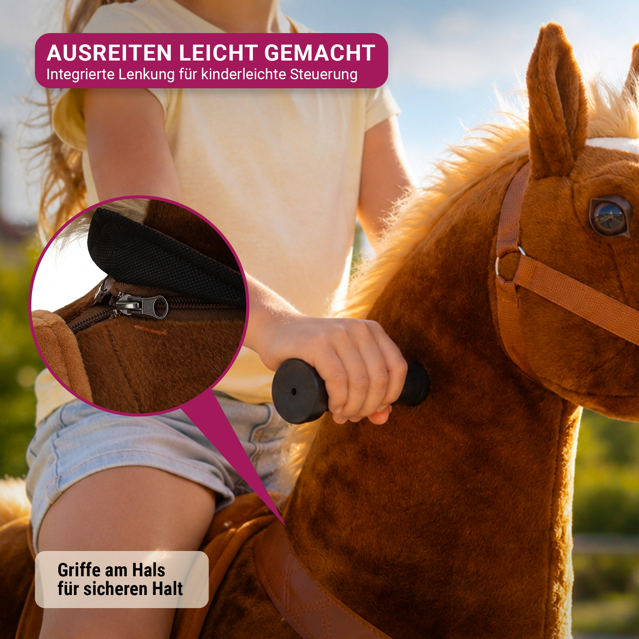Ein Kind reitet auf einem braunen Plüschpferd mit integrierter Lenkung.