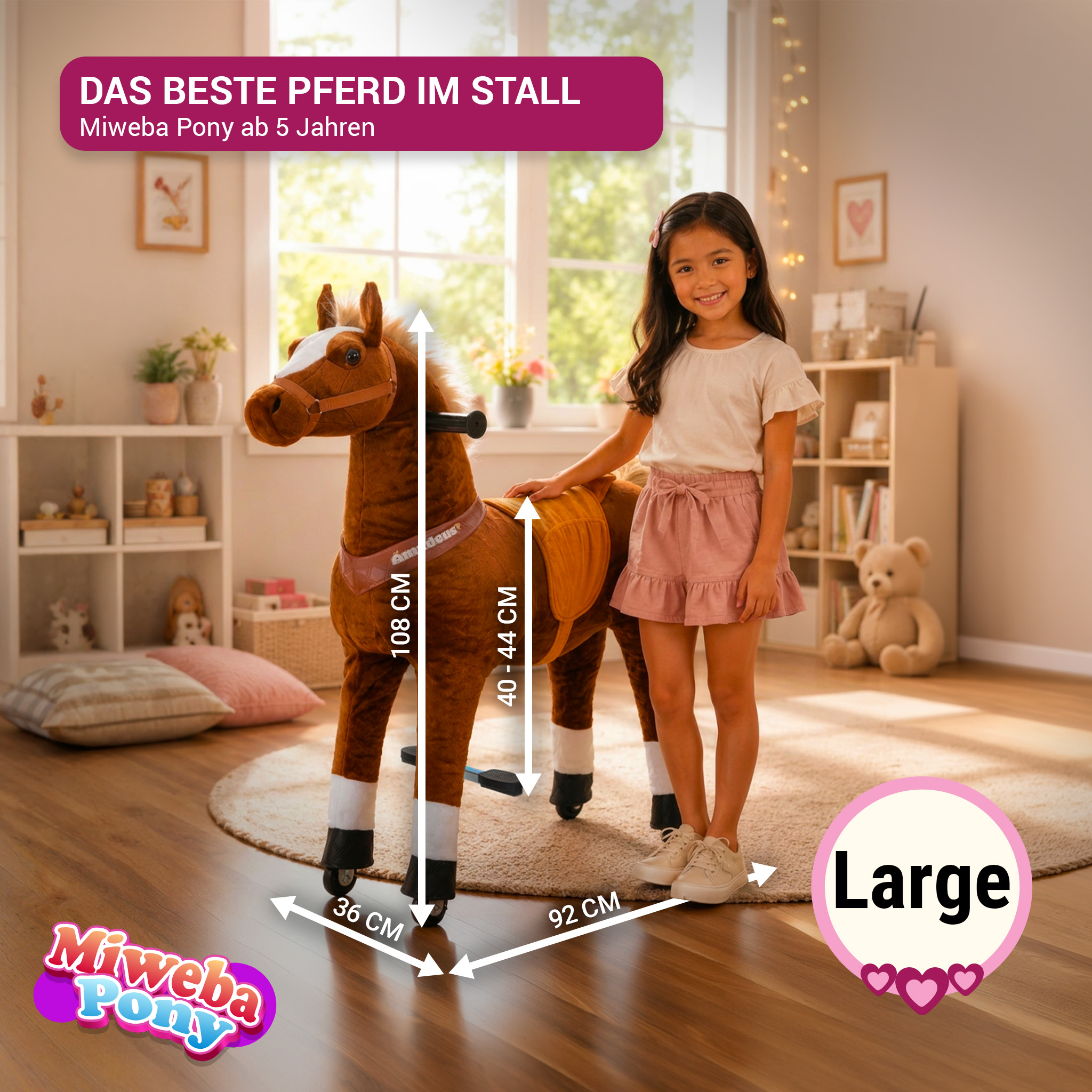 Ein Mädchen steht neben einem braunen Spielzeugpony mit Rädern und Sattel.