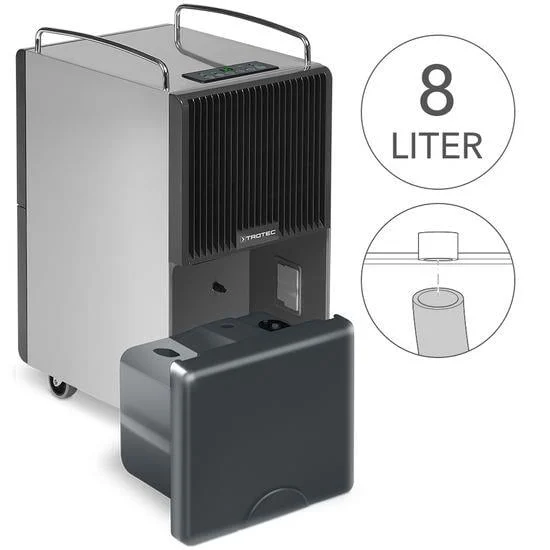 8 litrelik tanklı ve çıkarılabilir hazneli nem alma cihazı.