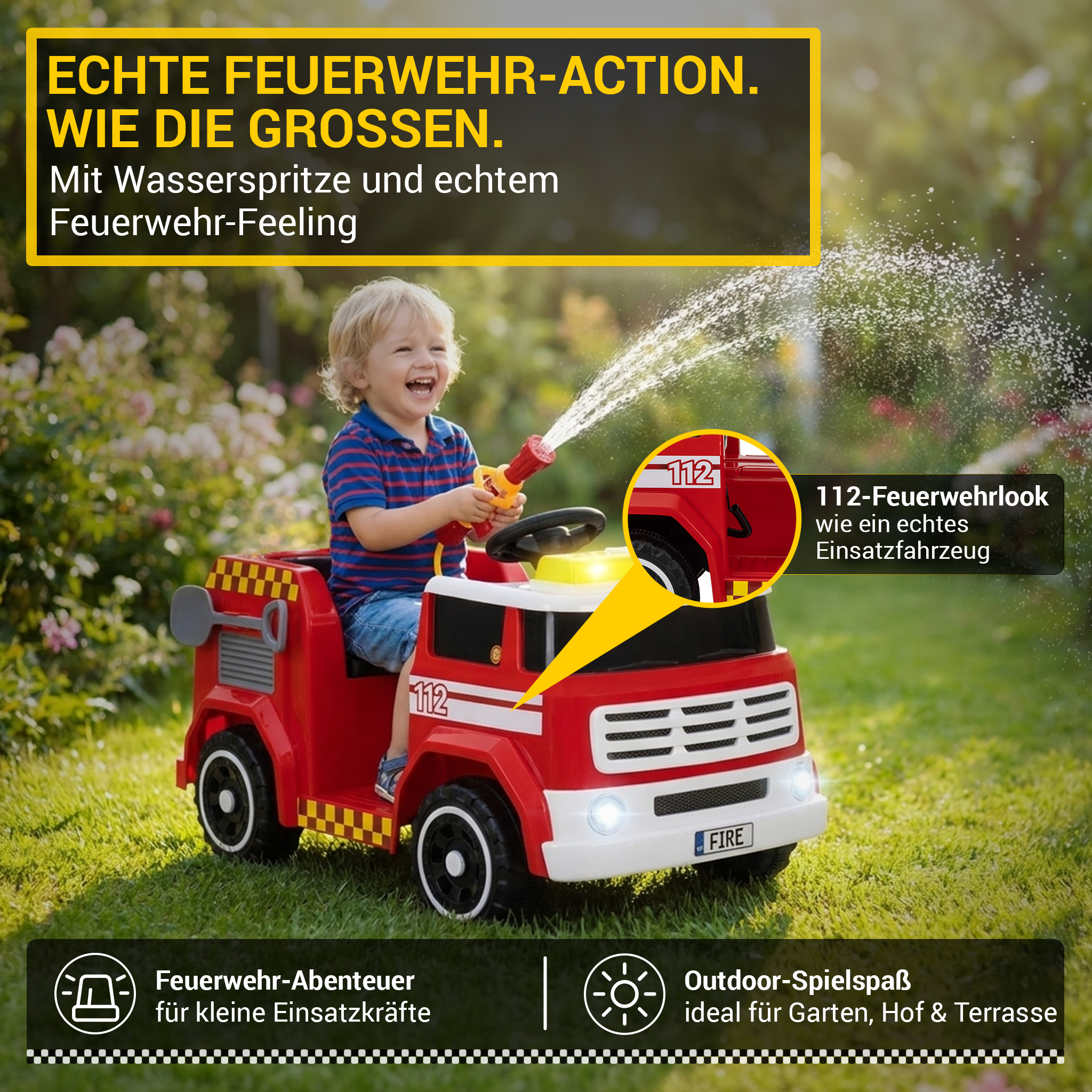 Ein Junge fährt ein rotes Spielzeug-Feuerwehrauto und spritzt Wasser.