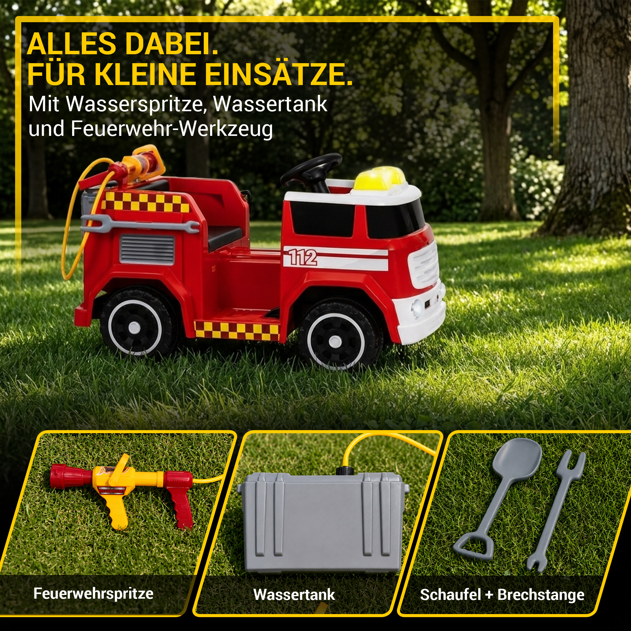 Rotes Spielzeug-Feuerwehrauto mit Wasserspritze, Wassertank und Werkzeug.