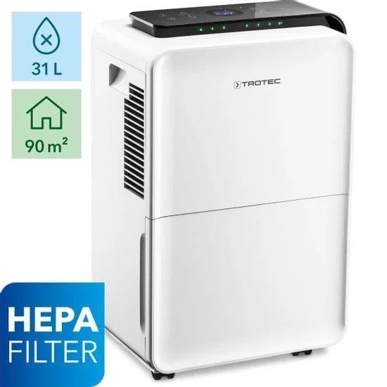 Siyah kontrol panelli ve HEPA filtre etiketli beyaz nem alma cihazı.