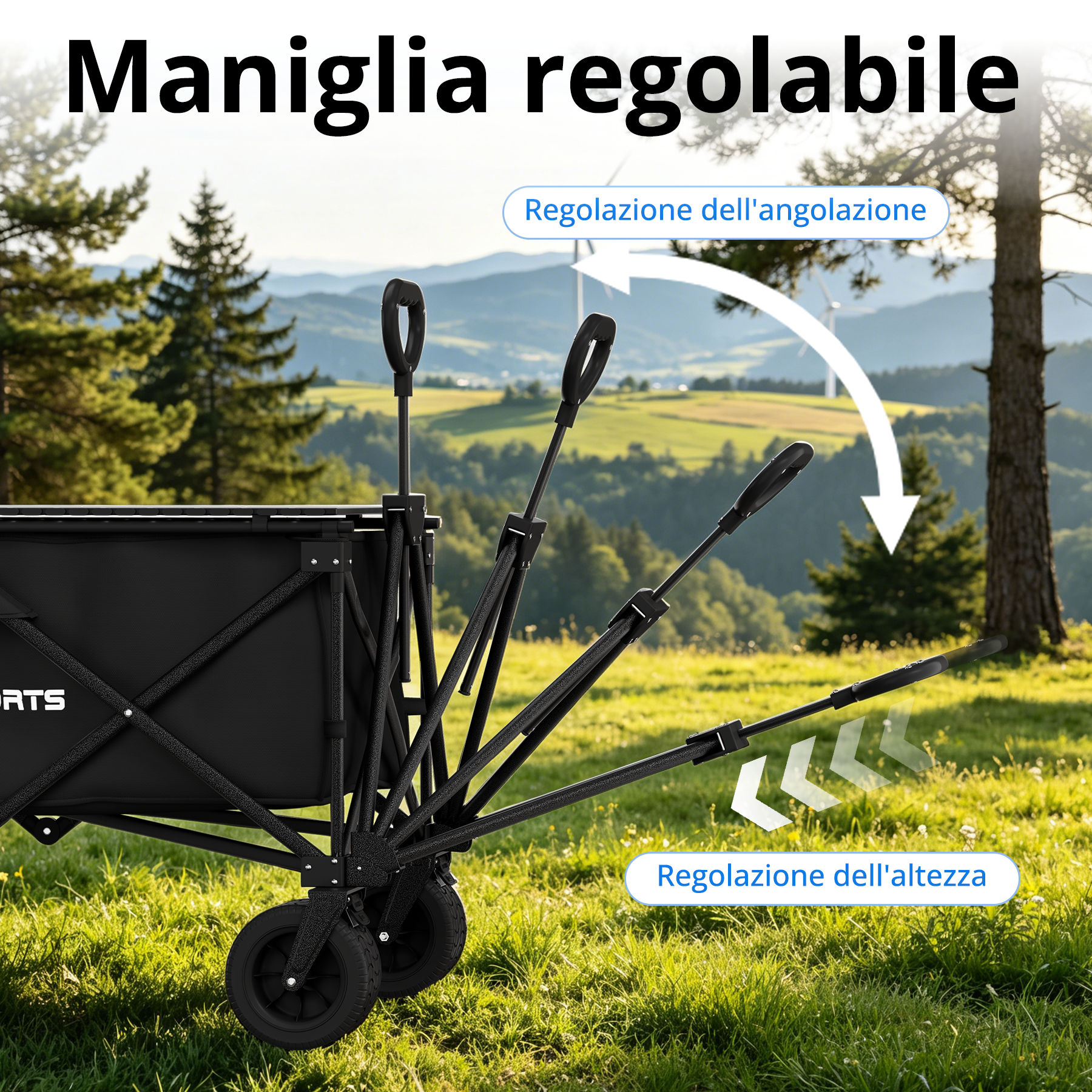 Carrello nero con maniglia regolabile all'aperto, sfondo paesaggistico. Regolazione altezza/angolo.