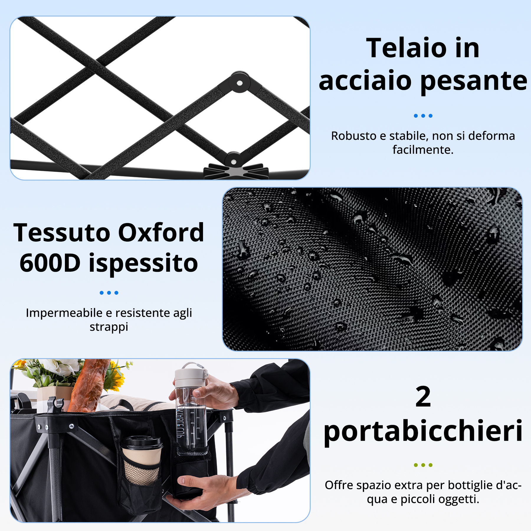 Un telaio in acciaio pesante e tessuto Oxford con portabicchieri.