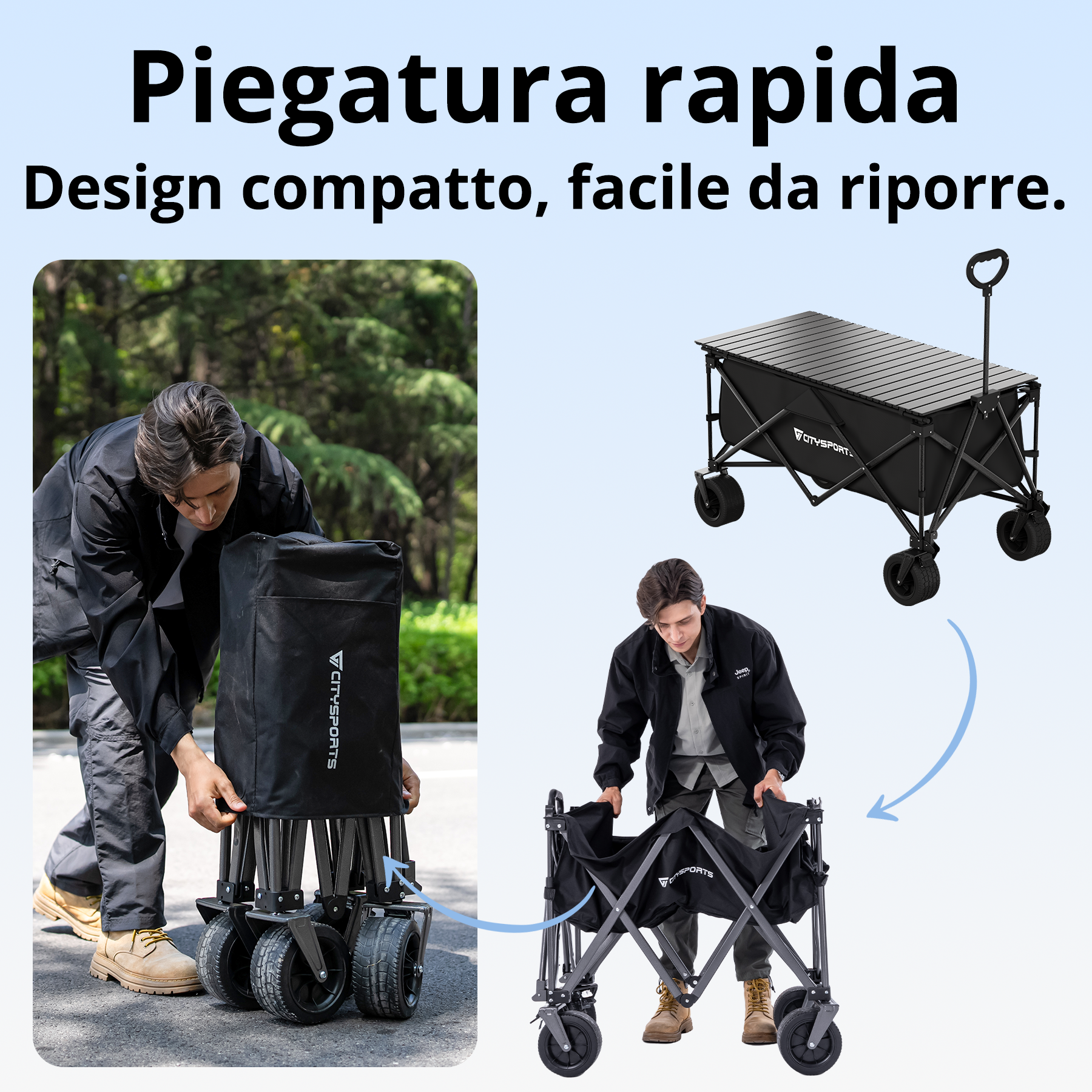 Un uomo piega un carrello nero da esterno con ruote. Il carrello ha un piano.