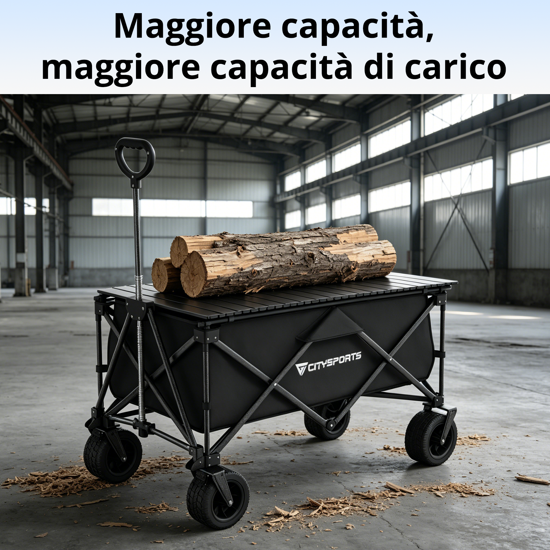 Carrello nero carico di tronchi in un magazzino.
