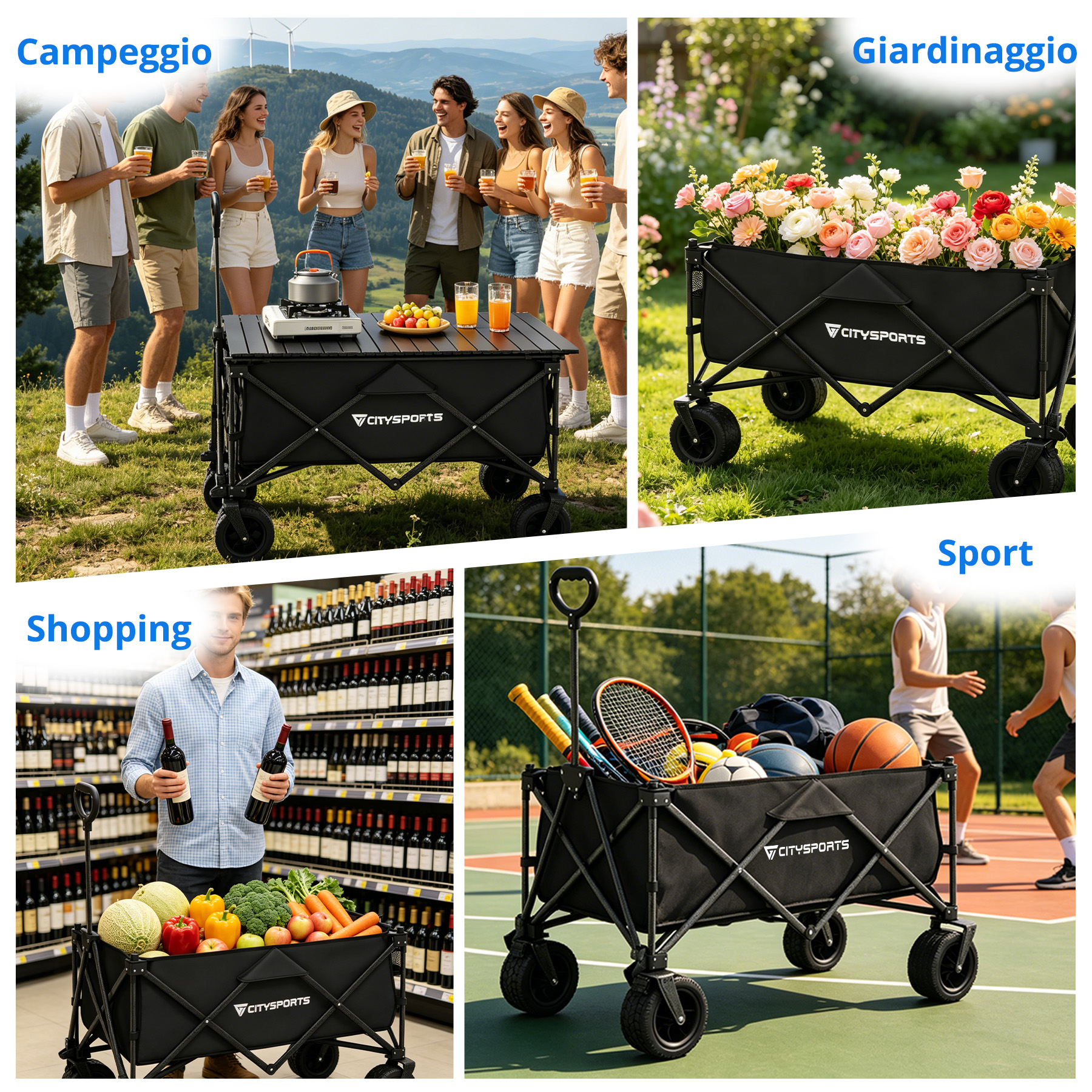 Carri pieghevoli per campeggio, giardinaggio, shopping e sport.