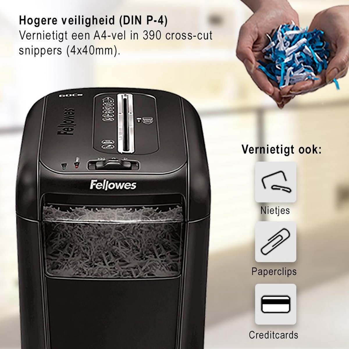 Fellowes Aktenvernichter mit Sicherheitsstufe P-4, schreddert Papiere, Heftklammern, Paperclips, Kreditkarten.