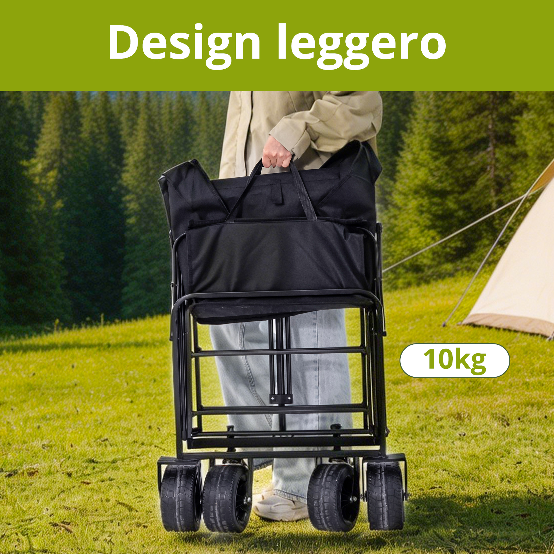 Una persona porta un carrello pieghevole nero a quattro ruote all'aperto. Una tenda è visibile sullo sfondo.
