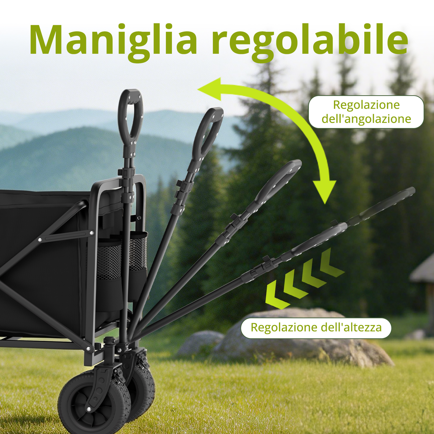Carrello nero con maniglia regolabile all'aperto