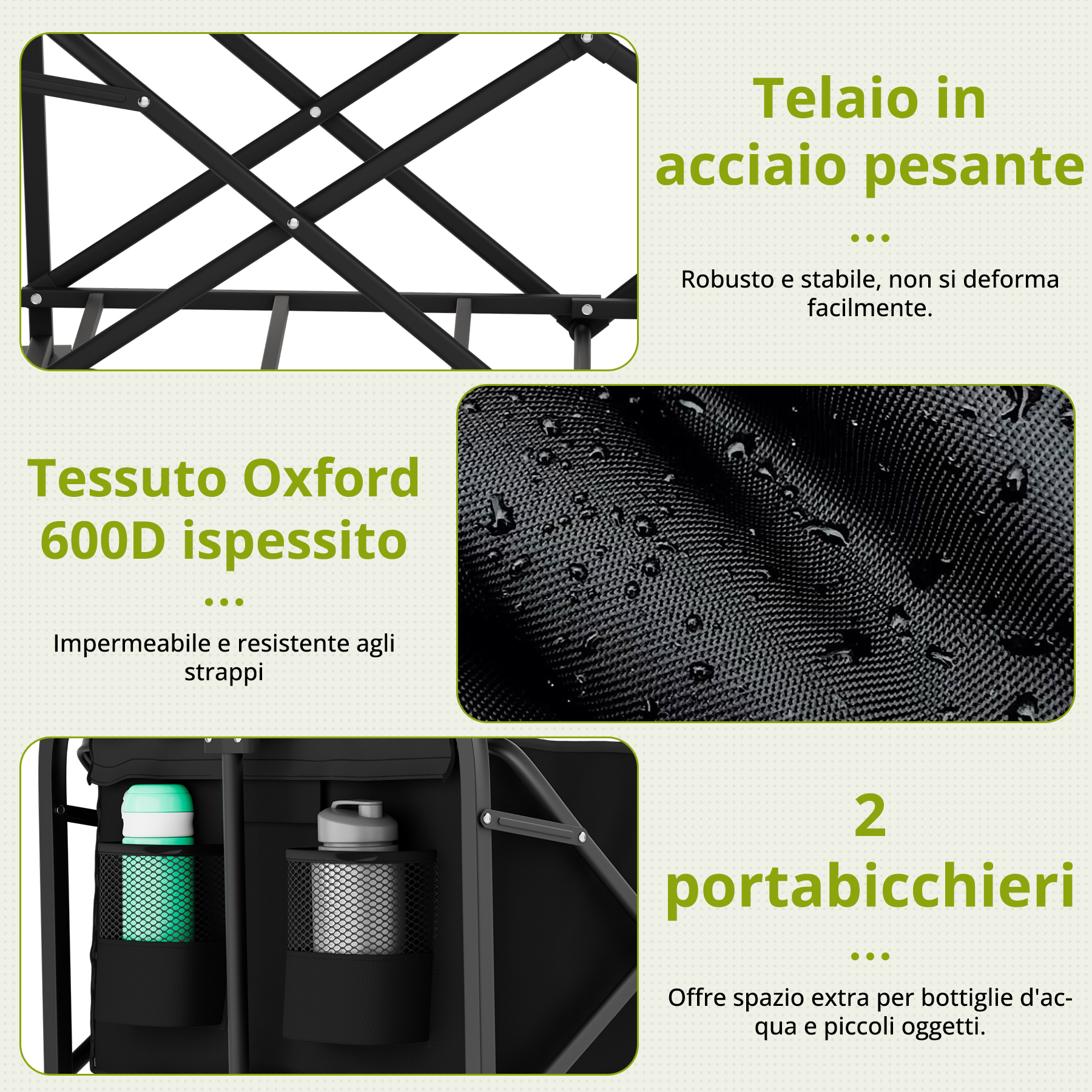 Viste di dettaglio: telaio in acciaio, tessuto Oxford con gocce d'acqua.