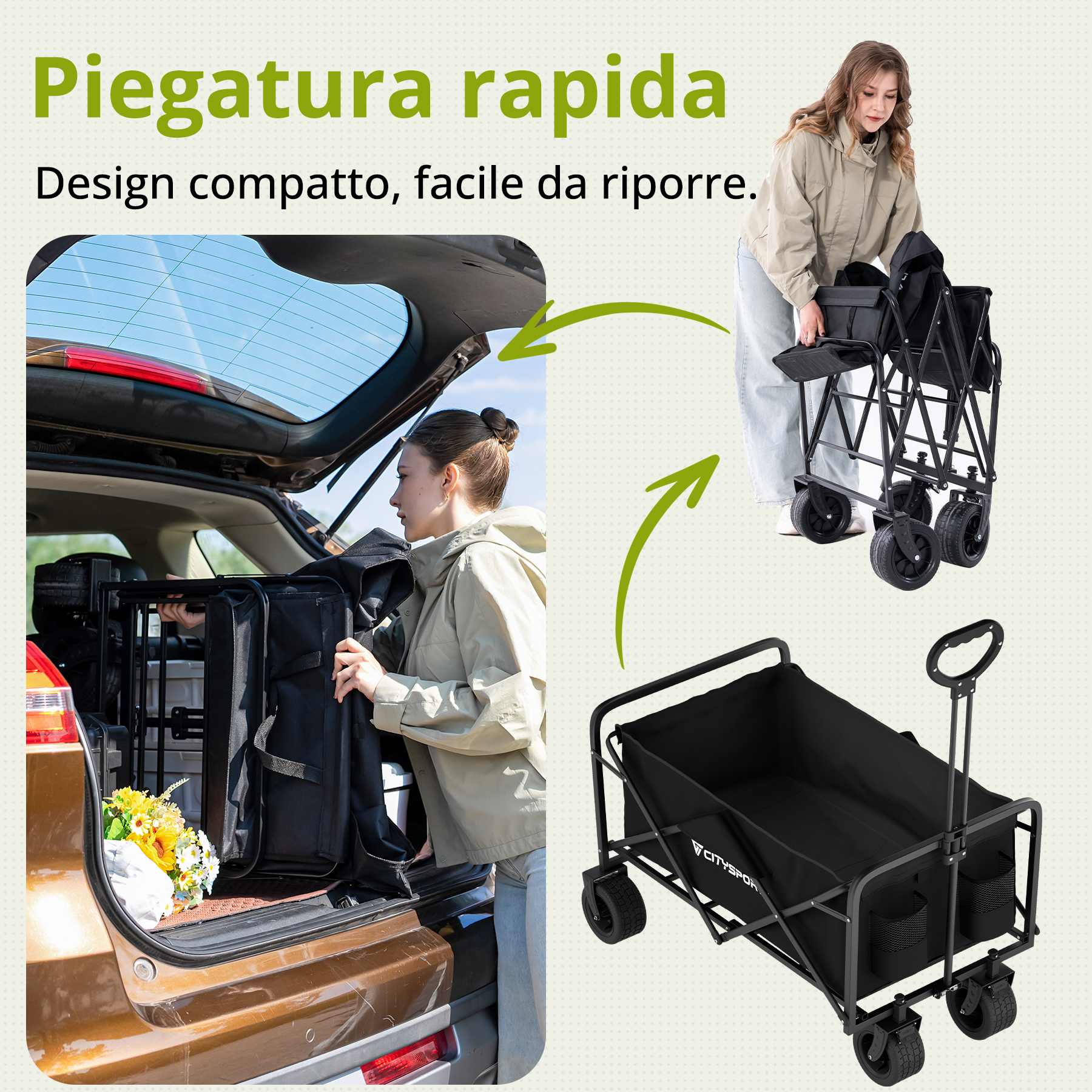 Una donna carica oggetti neri ingombranti nel bagagliaio di un'auto. Si vede un altro carrello.
