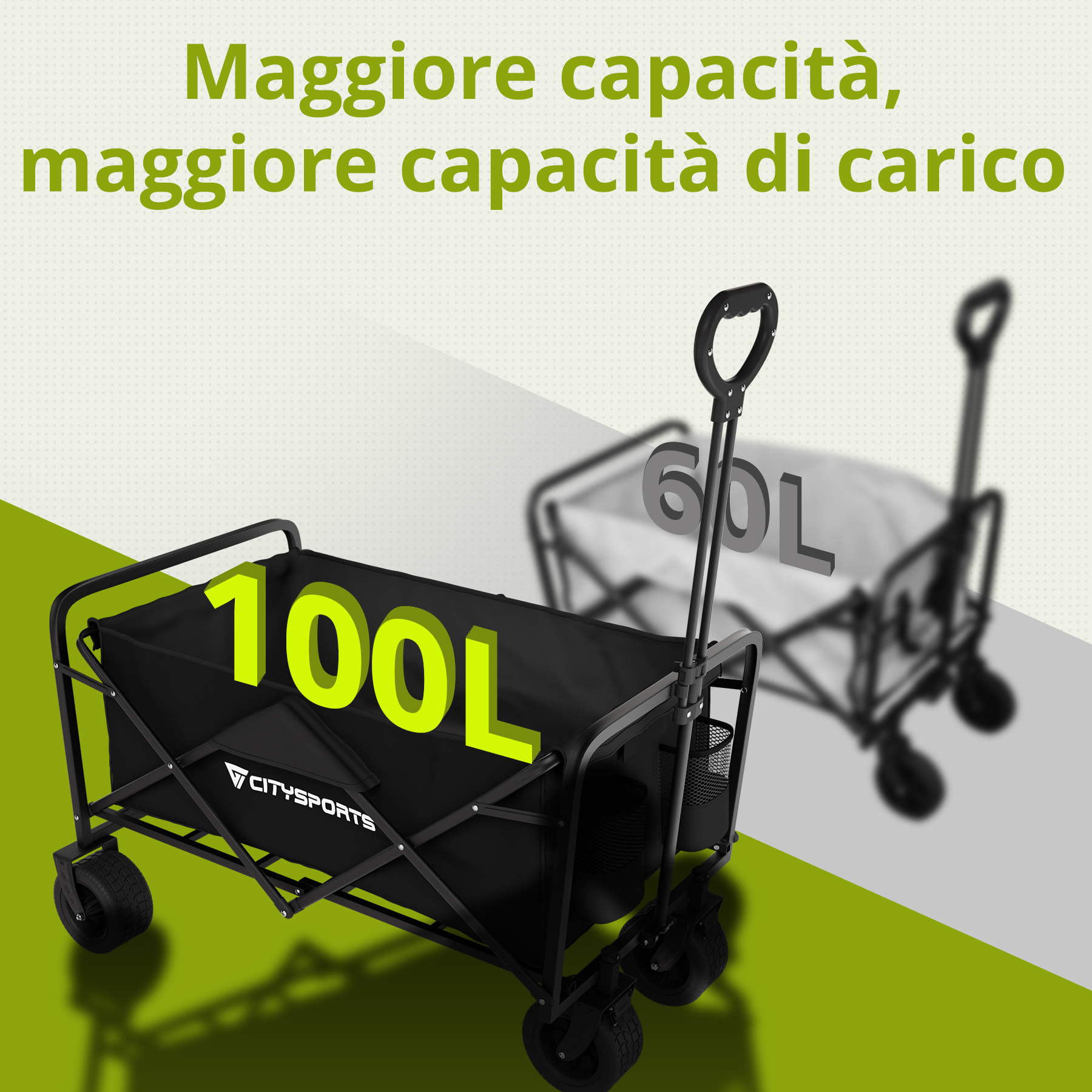 Un carrello pieghevole nero con etichetta "100L" e l'ombra di un carrello da 60L.