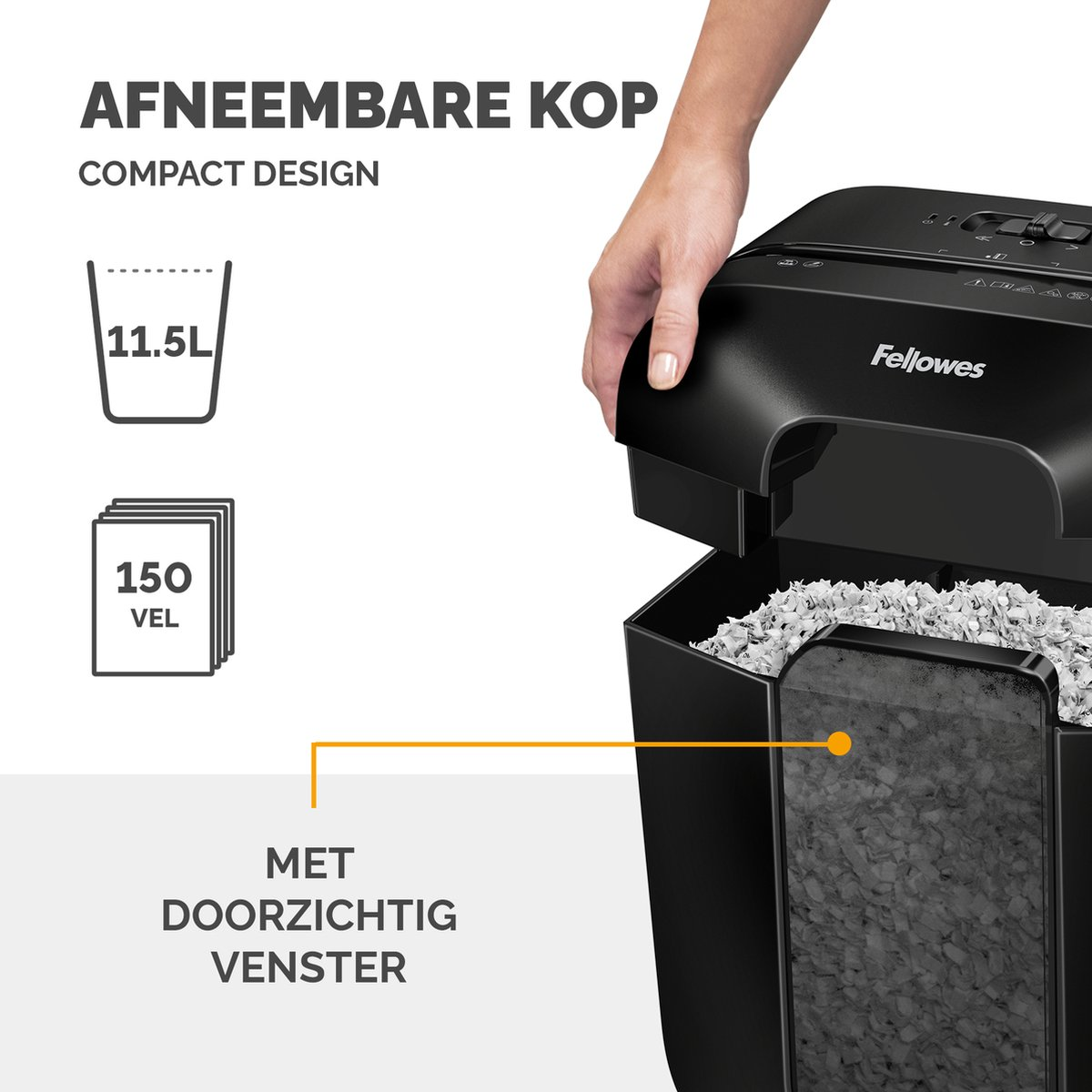 Una trituradora de papel negra con parte superior extraíble, capacidad de 11,5L.