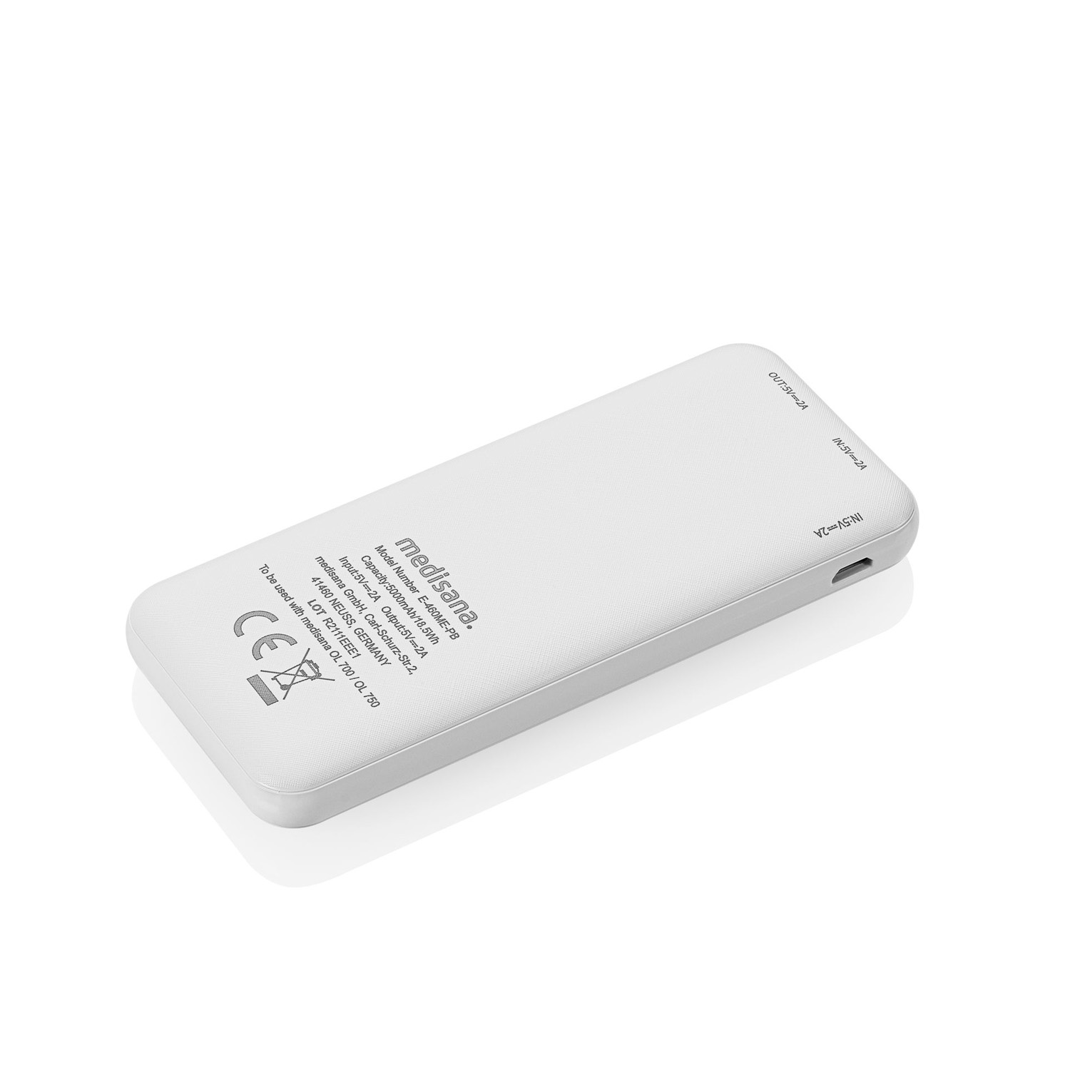 Un power bank bianco con logo Medisana e dettagli tecnici.