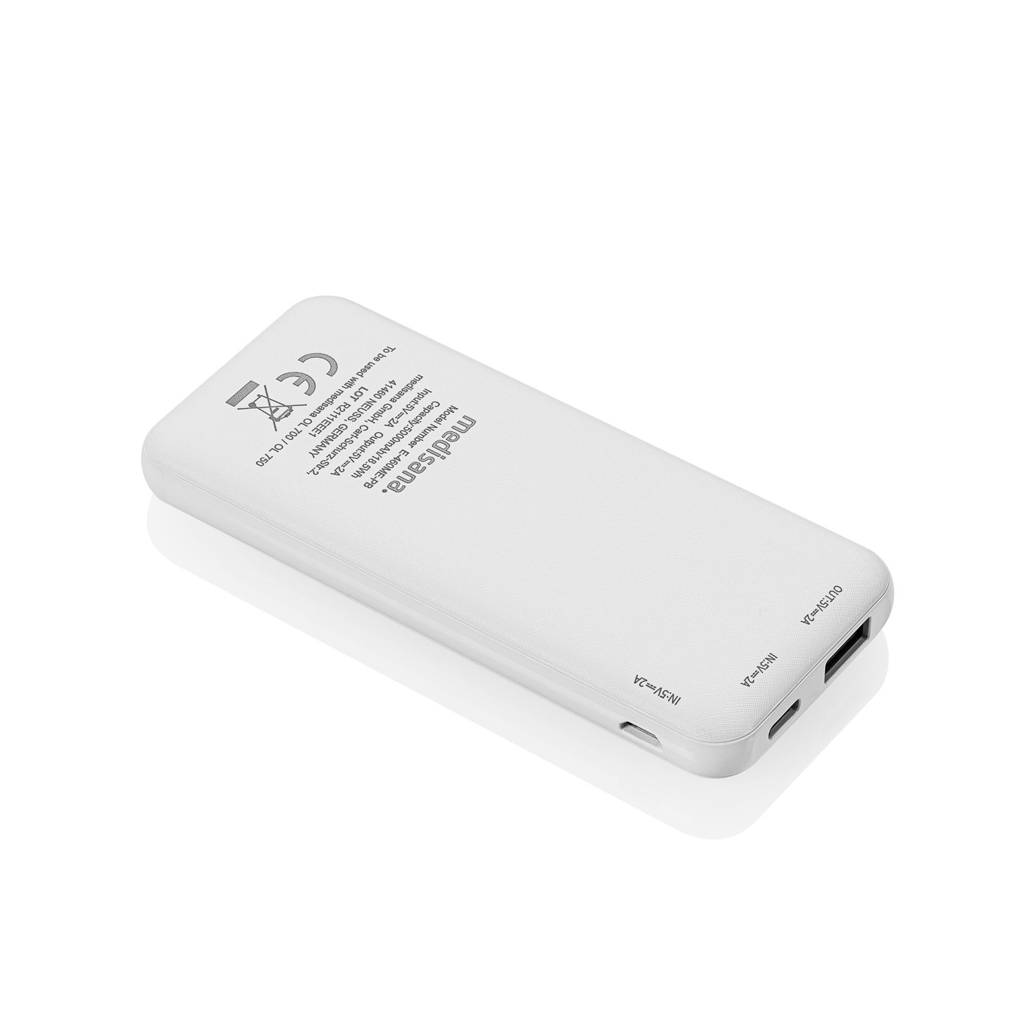 Un dispositivo bianco di power bank Medisana con porte USB e specifiche.