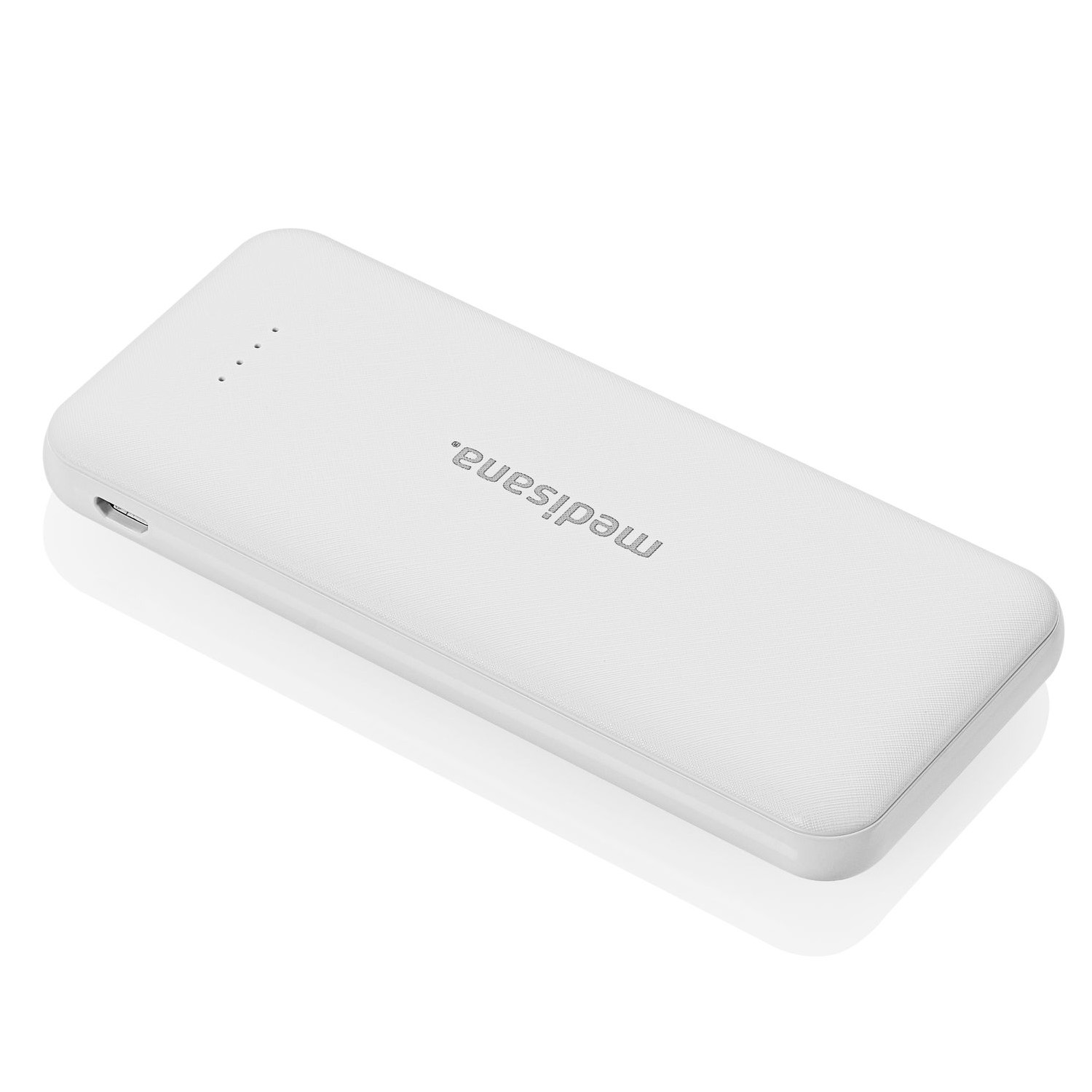 Un power bank bianco e rettangolare con logo 'medisana.'