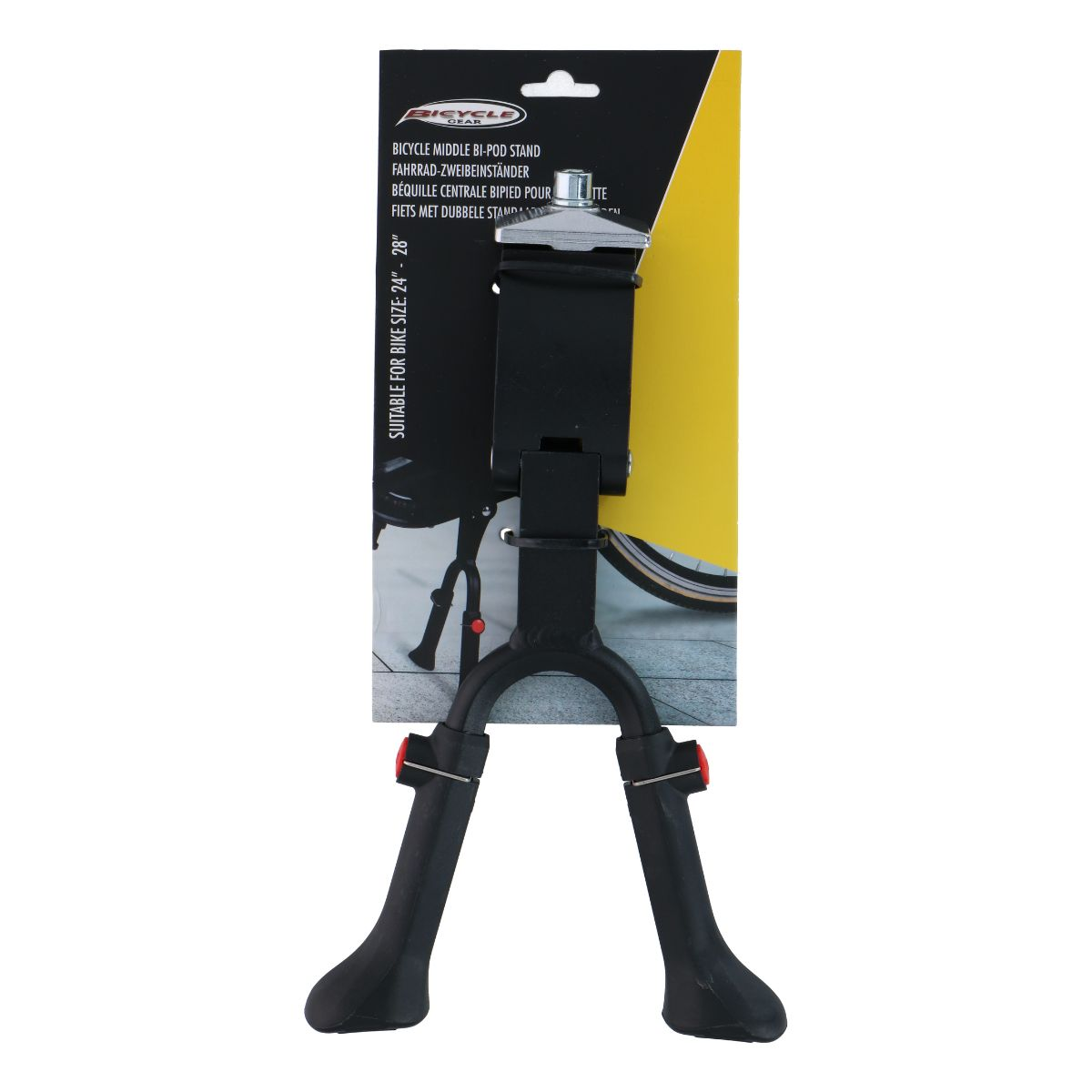 Black bicycle middle stand for 24-28 inch wheels, packaged.
