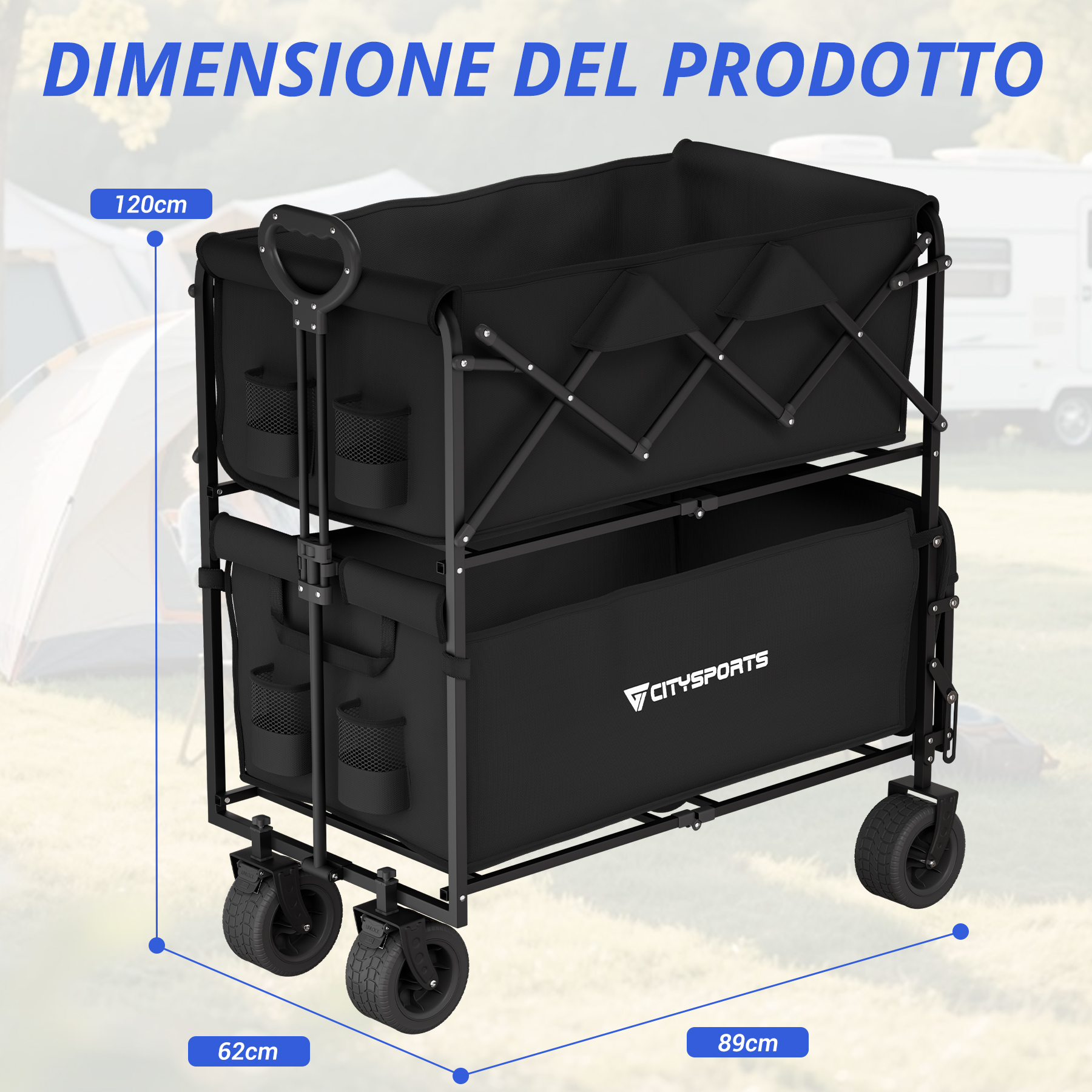Carrello nero da esterno a due livelli con ruote e manico. Dimensioni: 120x62x89cm.