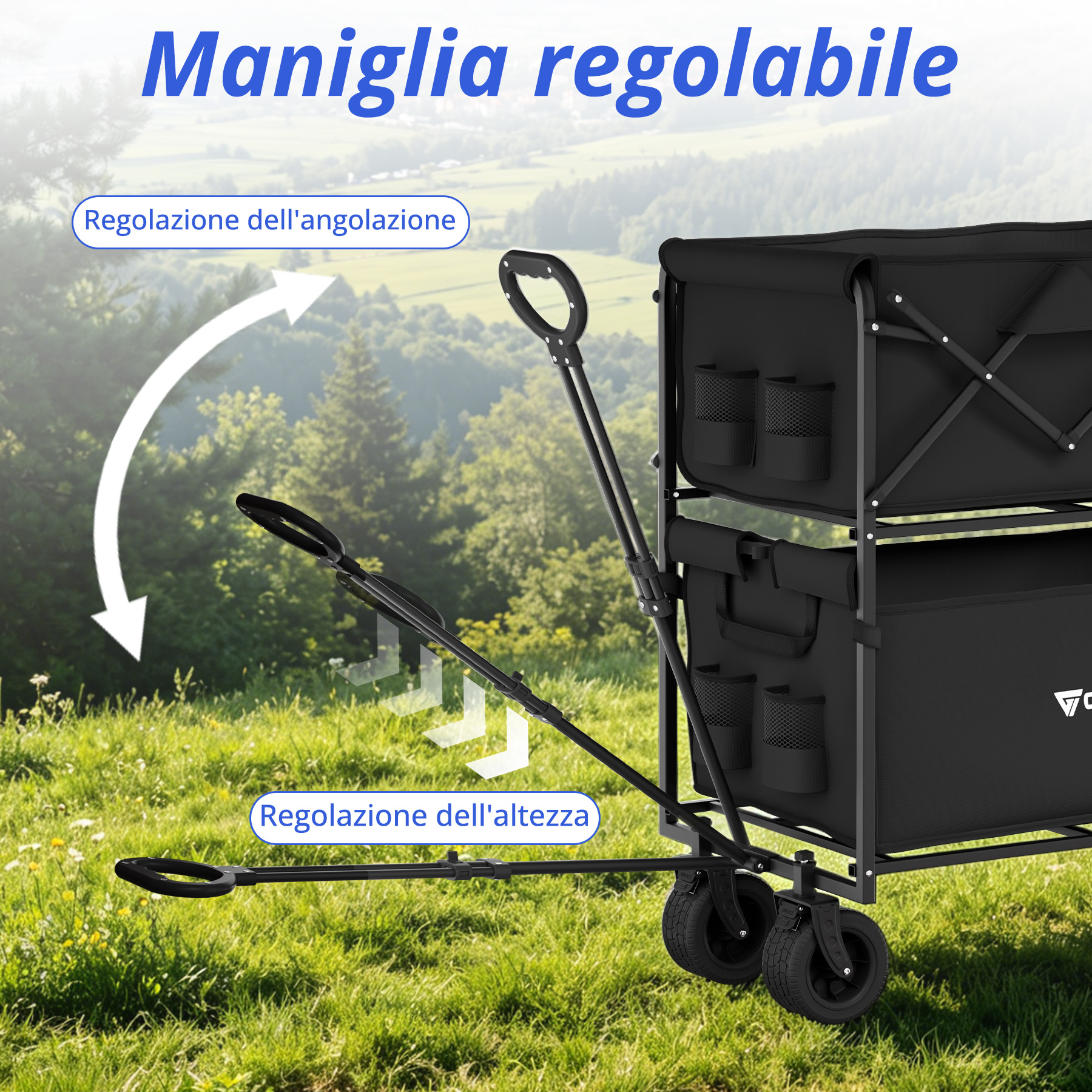 Carrello nero da esterno con maniglia regolabile sull'erba.