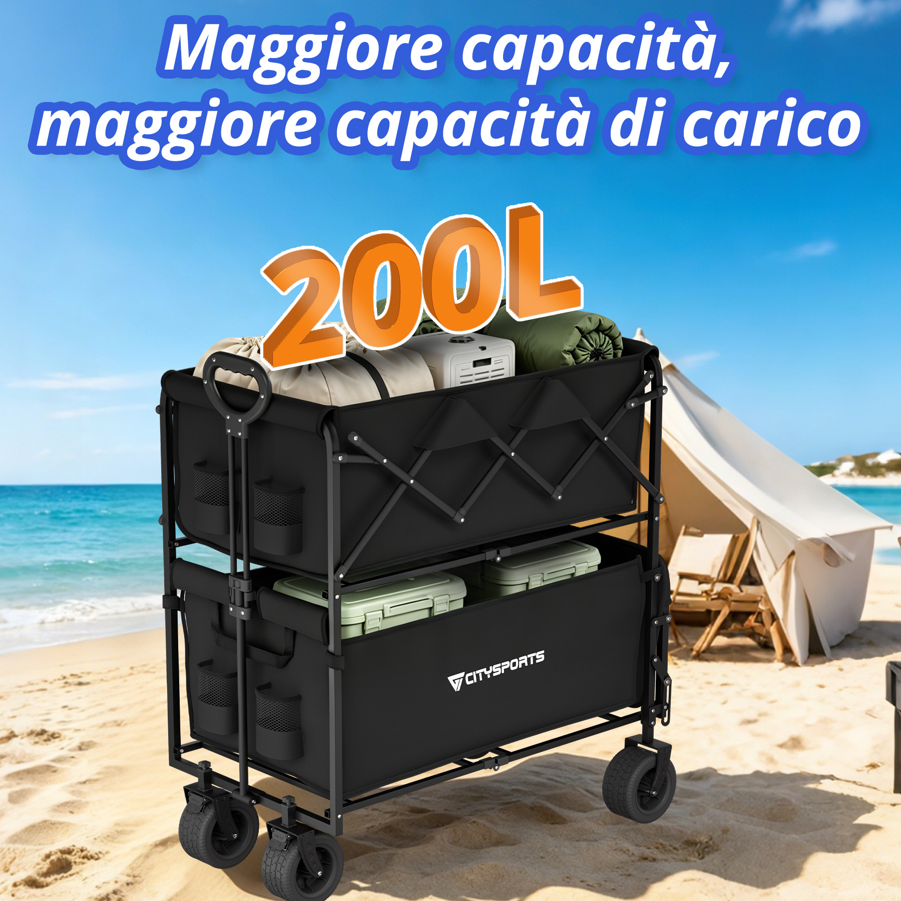 Un carrello nero a due piani su una spiaggia, pieno di attrezzatura da campeggio.