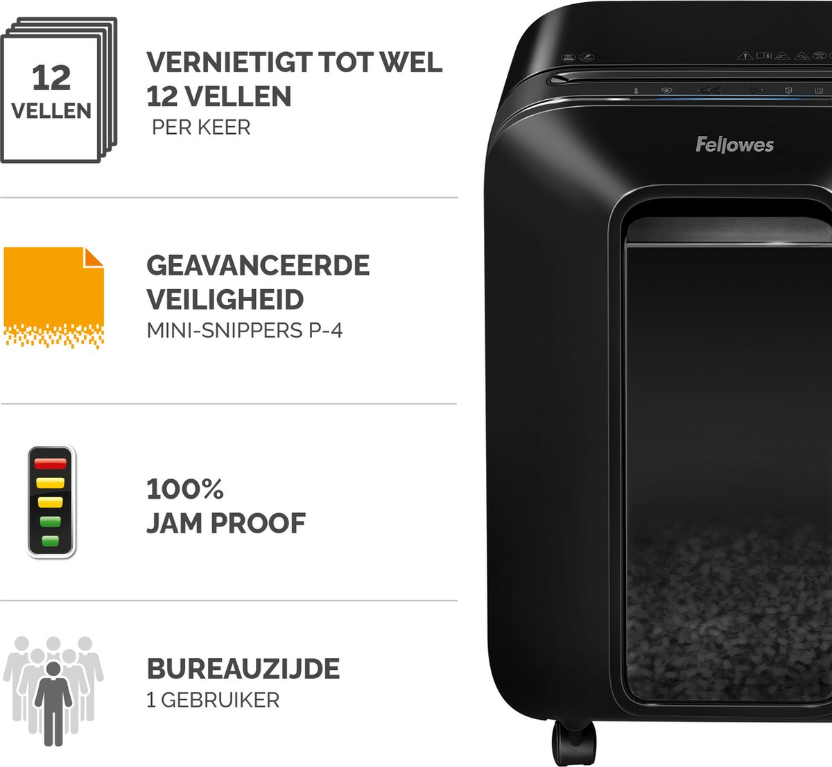 Trituradora Fellowes negra, capacidad 12 hojas, seguridad P-4, 100% antiatascos.